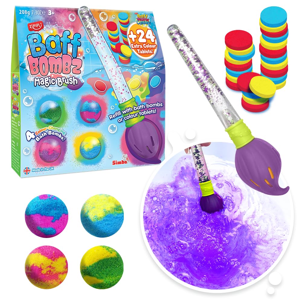 ZIMPLI Baff Bombz Magic Brush, 4 bombe da bagno e 24 pastiglie colorate, bacchetta magica. Dipingi magicamente l’acqua della vasca con questo giocattolo creativo. Giocattolo da bagno per bambini