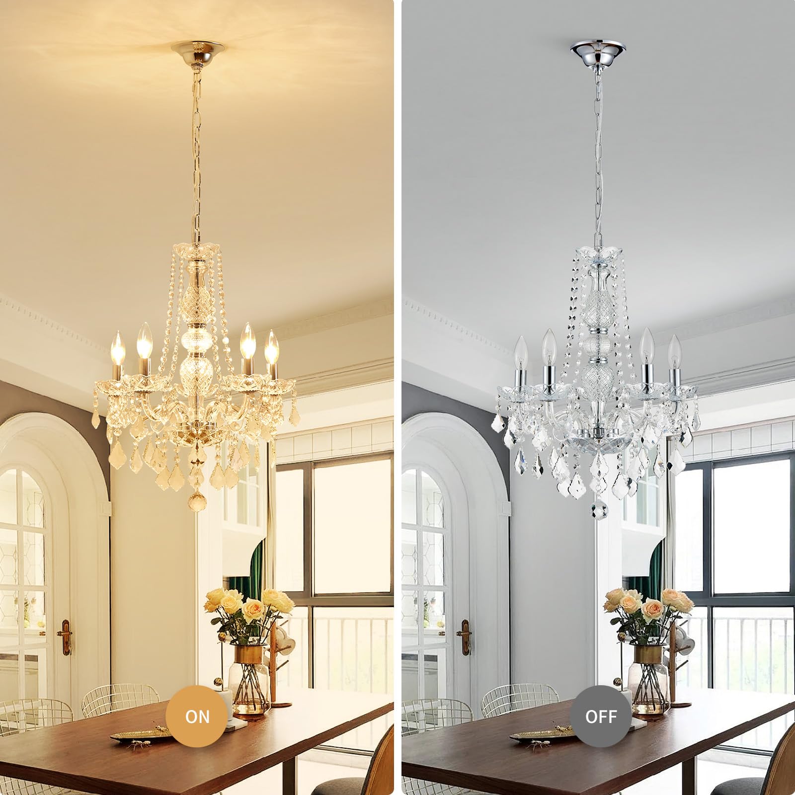 WUZUPS Crystal 5-Light Candle Chandelier Colgante Flushmount Luz de techo Instalación de iluminación moderna para dormitorio Pasillo Bar Cocina Baño, H 63.5cm x W 50.8cm, Chrome, Base E14