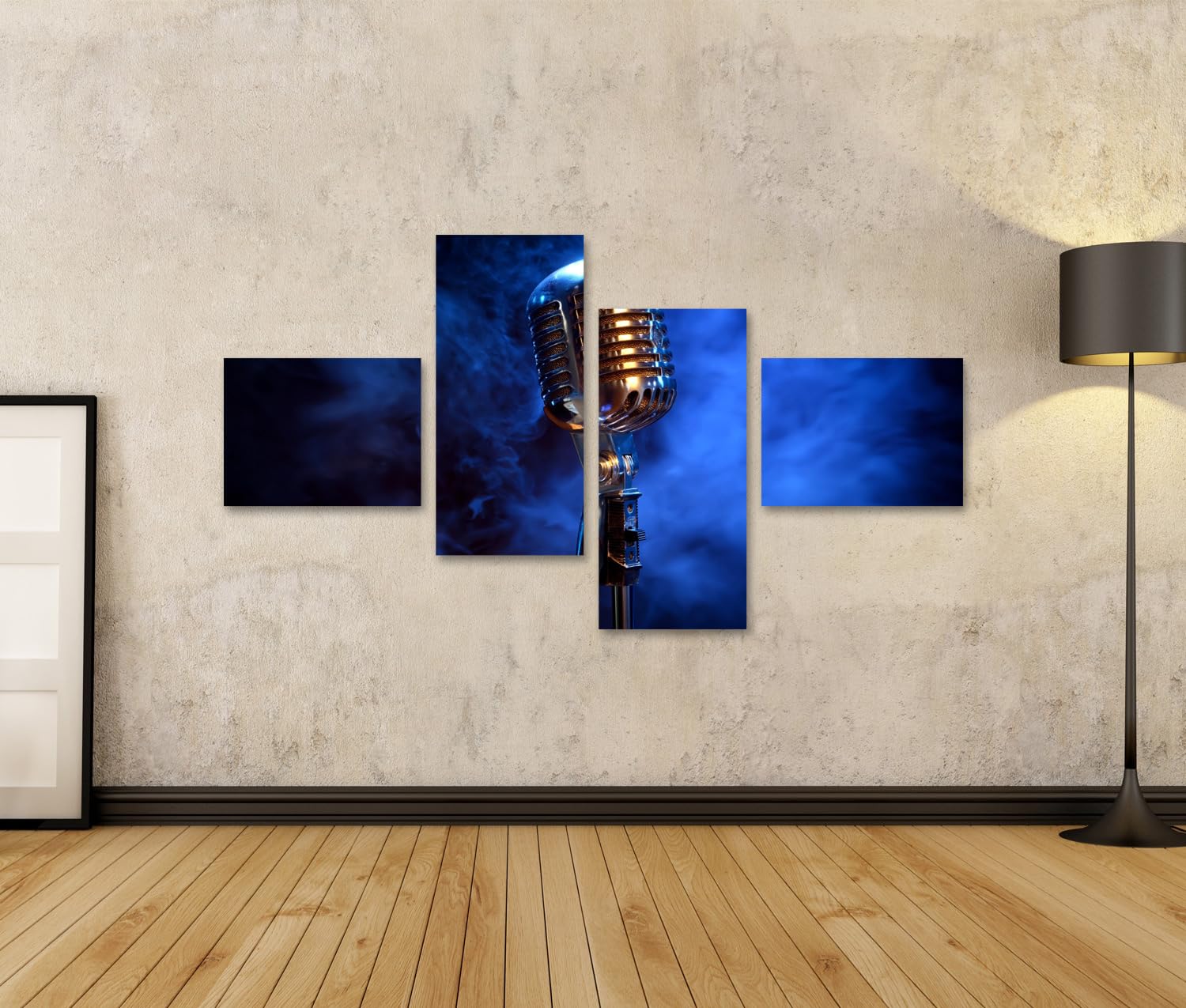 islandburner Quadro su tela con microfono vintage nostalgico per appassionati di musica e amanti del jazz, 4 pezzi, edizione H1