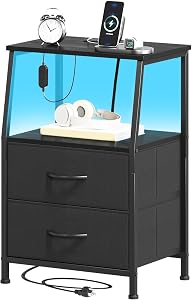 Somdot Night Stands with 2 Fabric Drawers, Bedside Table with Charging Station and LED Lights, Small Nightstand for Bedroom, Dorm, Closet, Entryway, Black