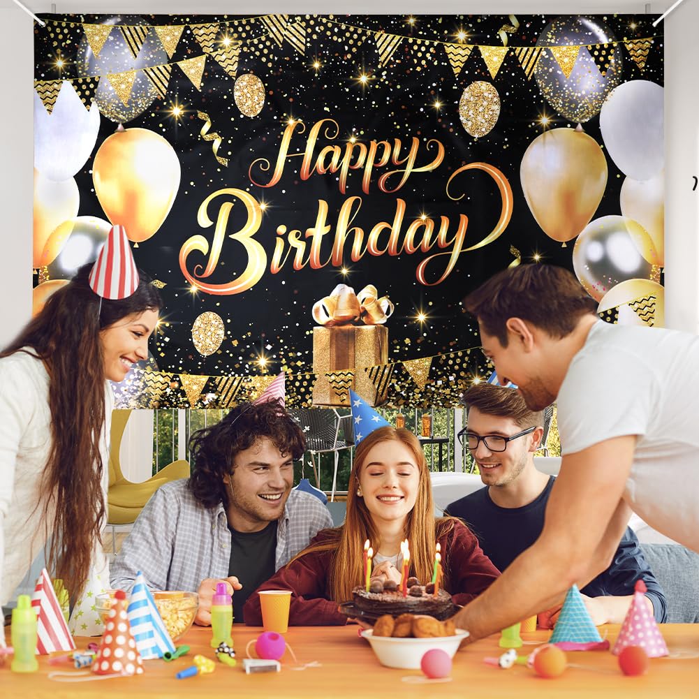 ANOMM Geburtstag Banner 180x110cm - Schwarzes-Gold Partydekoration
