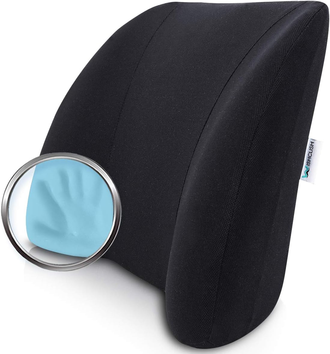 Wishcush Lumbar Support for Office Chair Back Pillow for Car - Memory Foam Back Cushion with Ergonomic Shape and Balanced Firmness for Lower Back Pain Relief (Black)