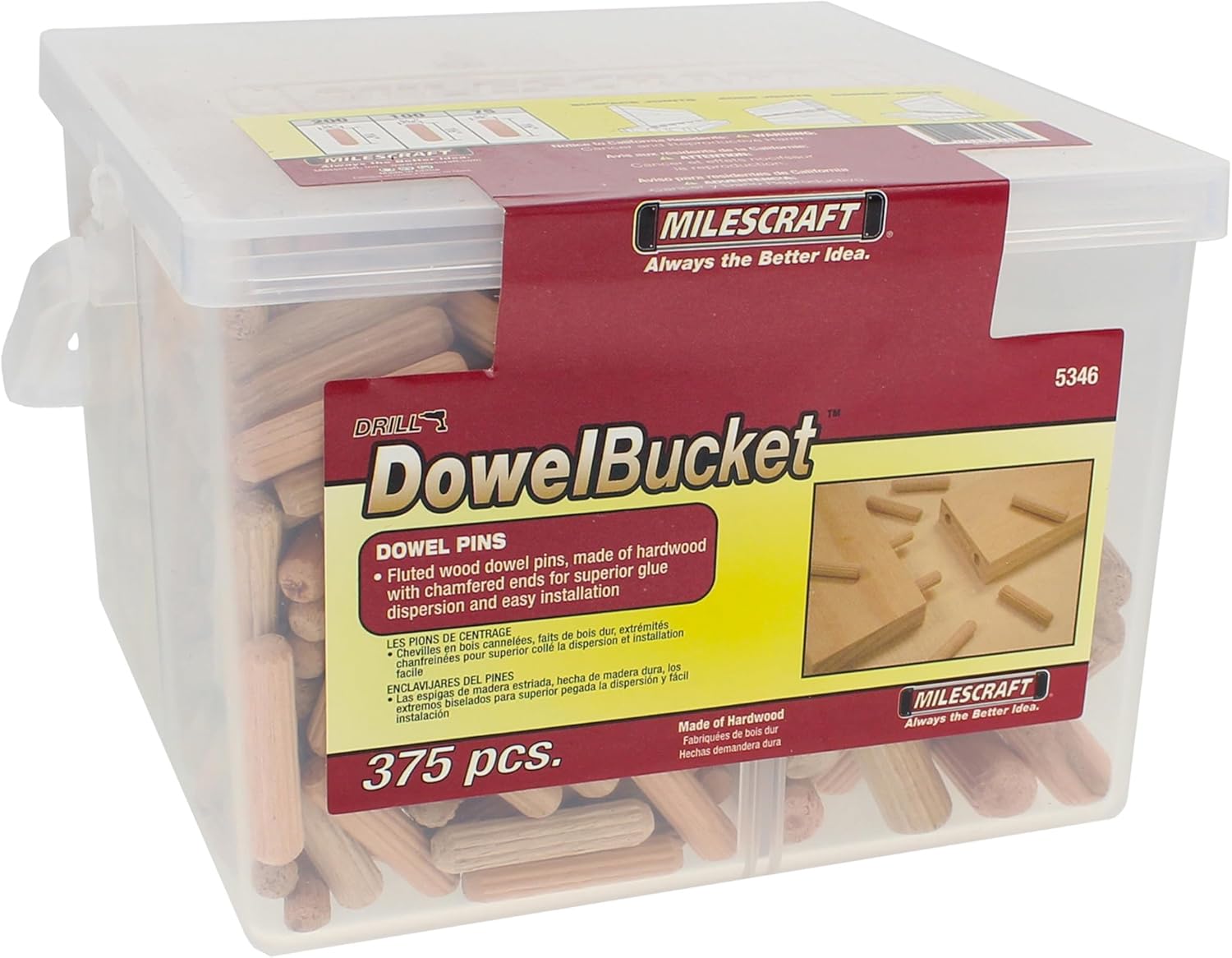 Milescraft 53460003 5346 Dowel Pin Bucket-375 Wooden Dowels-1/4in (200 pcs.) -5/16in (100pcs.)-3/8in Dia. (75pcs.) Made of Hardwood-Ideal for Woodworking Projects, Original Version
