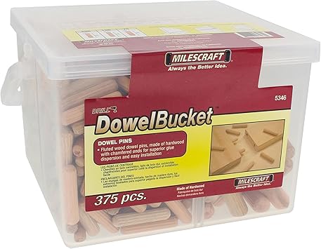 Milescraft 53460003 5346 Dowel Pin Bucket-375 Wooden Dowels-1/4in 200 pcs. -5/16in 100pcs.-3/8in Dia. 75pcs. Made of Hardwood-Ideal for Woodworking Projects, Original Version