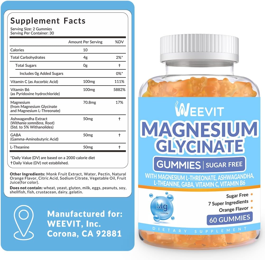 Sugar-Free Magnesium Glycinate Gummies with L-Threonate, Magnesium Supplements for Women and Men with Ashwagandha, L-Theanine, GABA, Vitamin C, B6