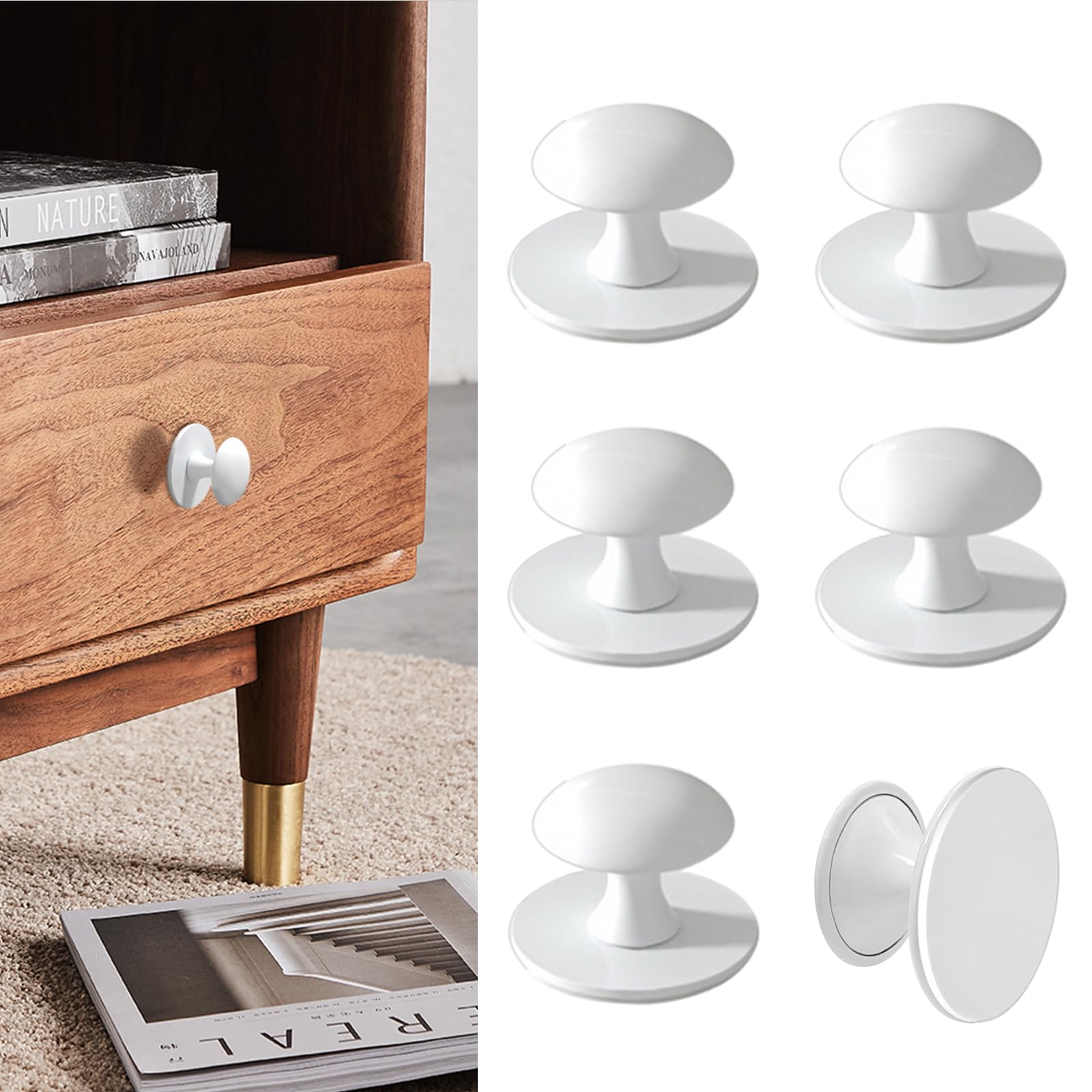 Boutons de placard adhésifs blancs sans perçage pour armoire et tiroir lot de 6
