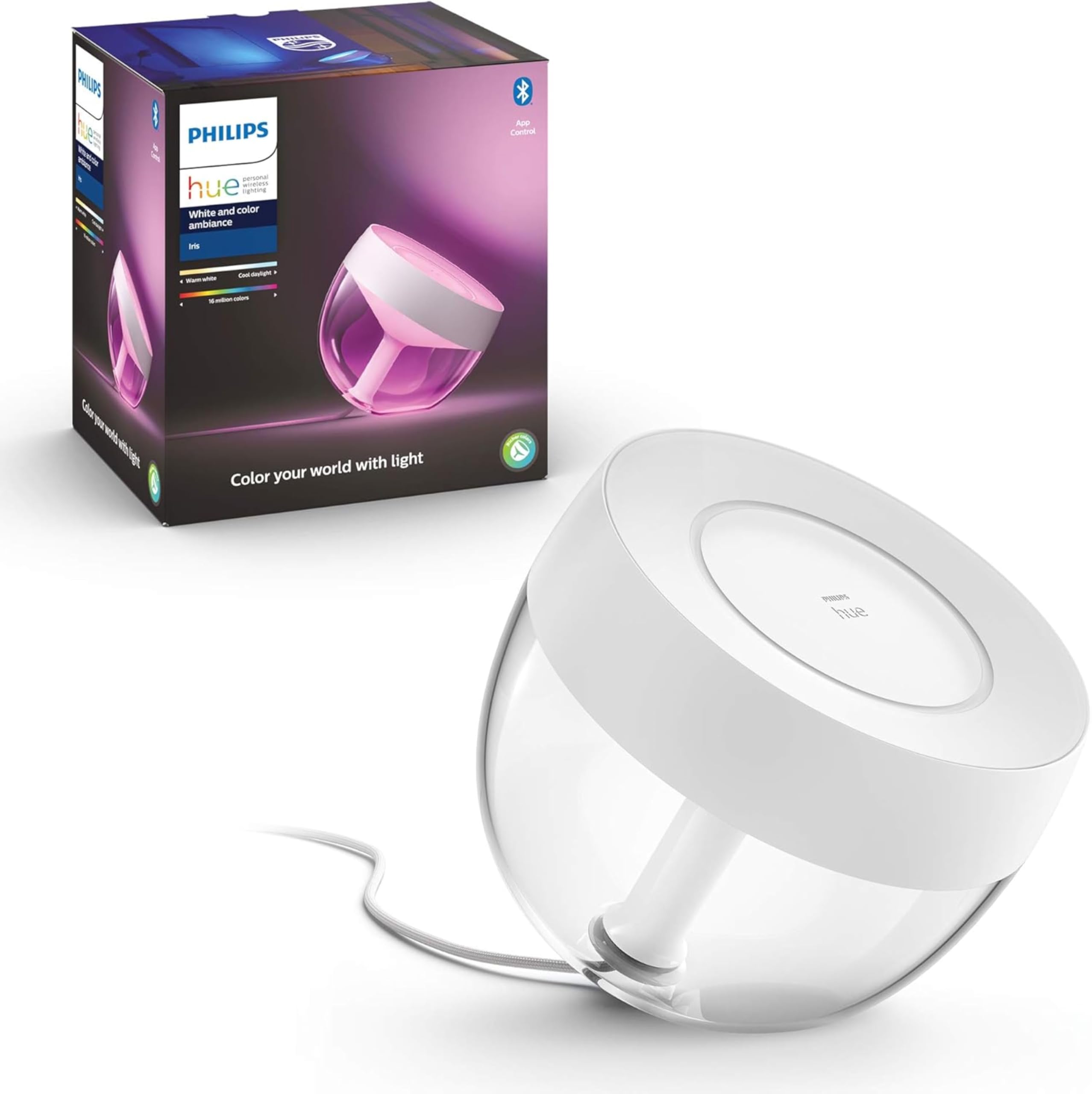 Philips Hue White And Color Ambiance, Iris compatible Bluetooth, Blanc, 8.2W, fonctionne avec Alexa & Go Lampe portable connectée White and Color Compatible Bluetooth, fonctionne avec Alexa