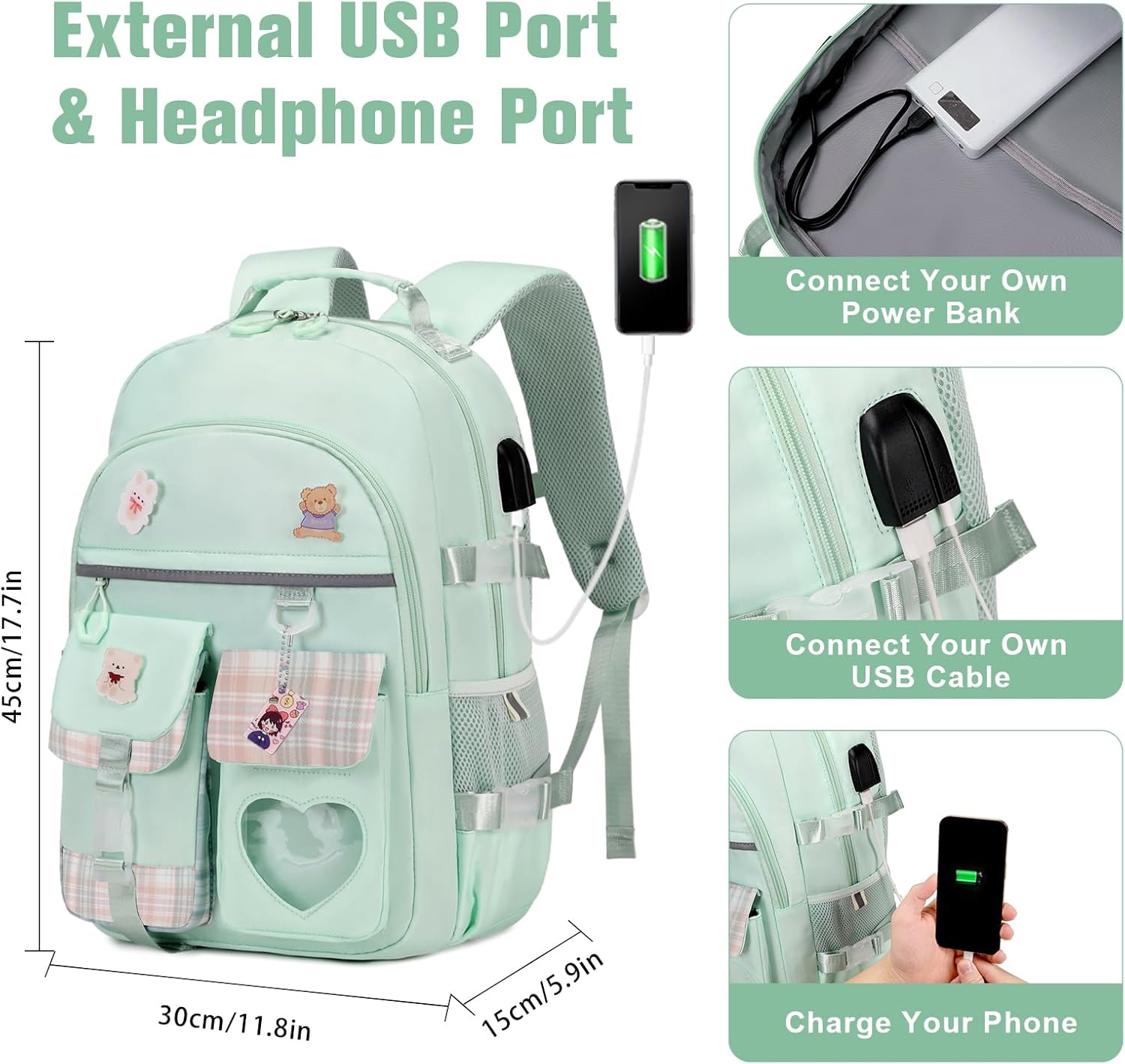 Backpack for Girls - Bookbag Backpacks Schoolbag for Girls Kids Teen Women Casual Travel Daypacks - School Bag Elementary Middle School College Cute Backpack with Lunch Box (Green) - Image 3