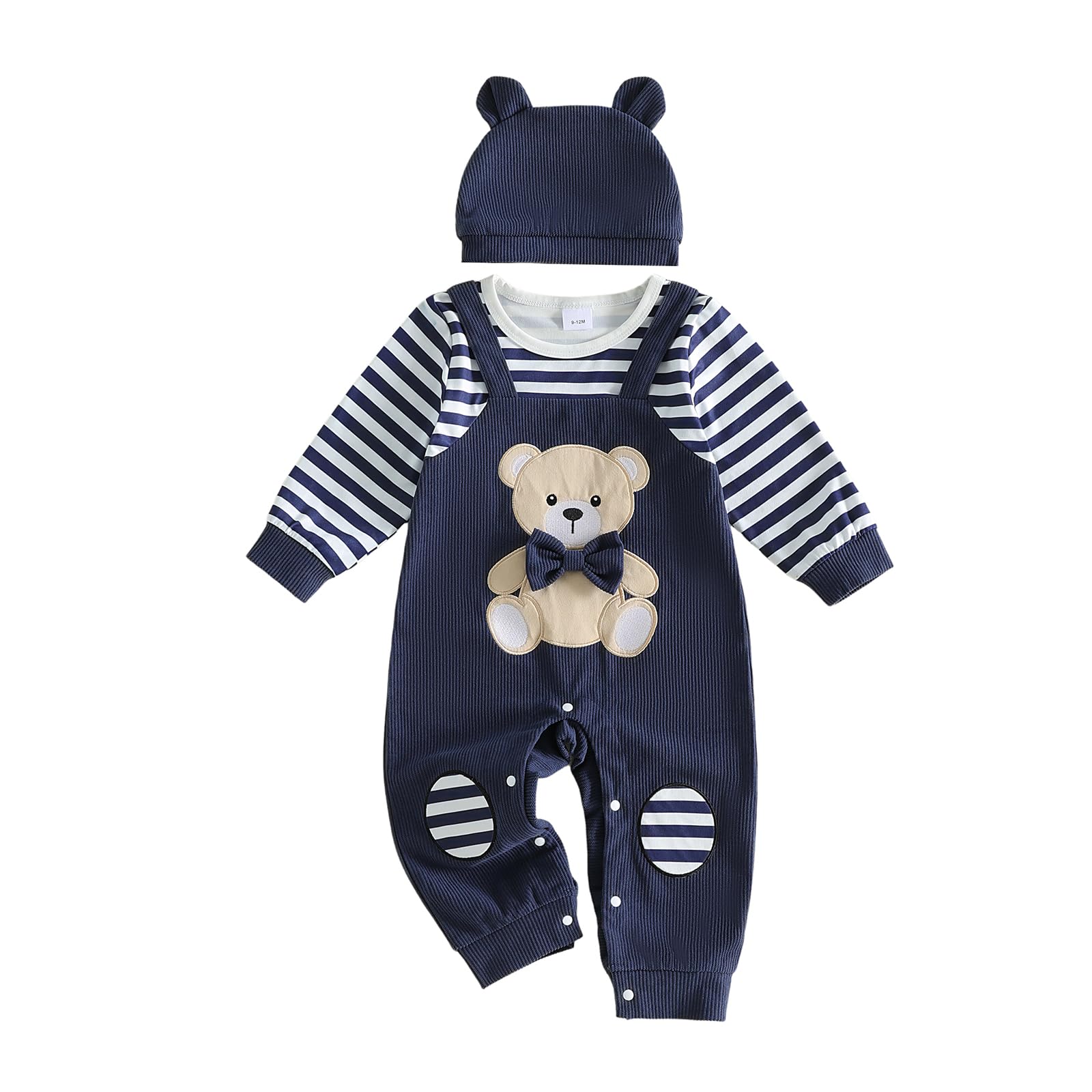 Baby Boy Embroidery Stripe Bear Long Sleeve Fake Two-Pieces Jumpsuit (Navy Blue, 12-18 Months)