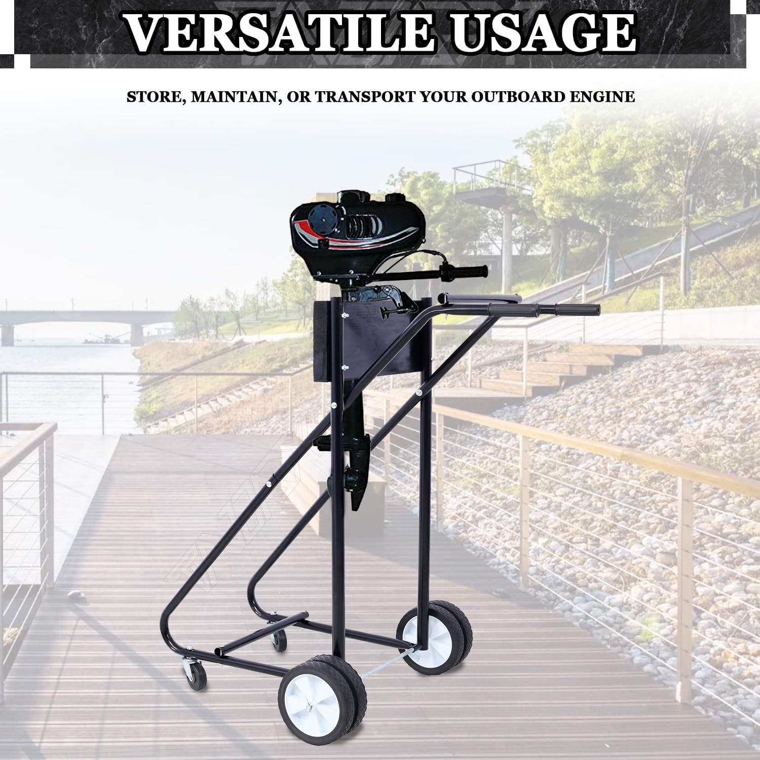 Outboard Boat Motor Stand Heavy Duty Outboard Motor Stand Cart w/330lbs Weight Capacity Steel Outboard Boat Motor Stand Carrier Multi-Functional Outboard Boat Motor Stand Cart Dolly (Black)