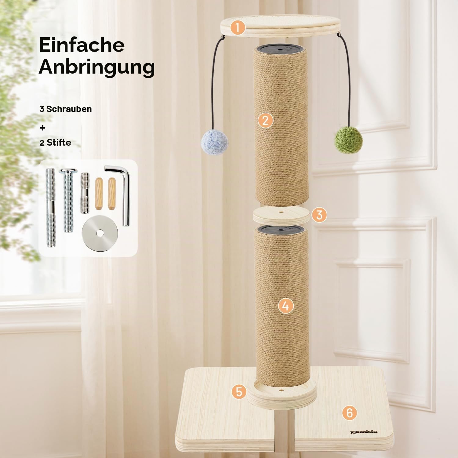ZOMISIA Kratzbaum für Wohnungskatzen, 88 cm Hoch | Stabiler Sisal-Katzenkratzbaum, 12 cm Dicke Säule, Verstärkter Holzfuß, Hängende Spielbälle