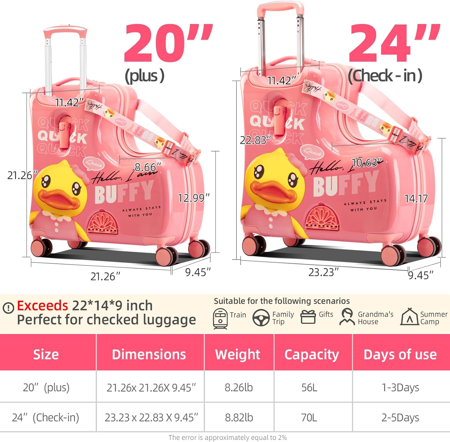 Kids' Lightweight Ride on Luggage with Spinner Wheels & Foldabe Design (Pink Duck, 24"+ Aged 3-12 Toddler)