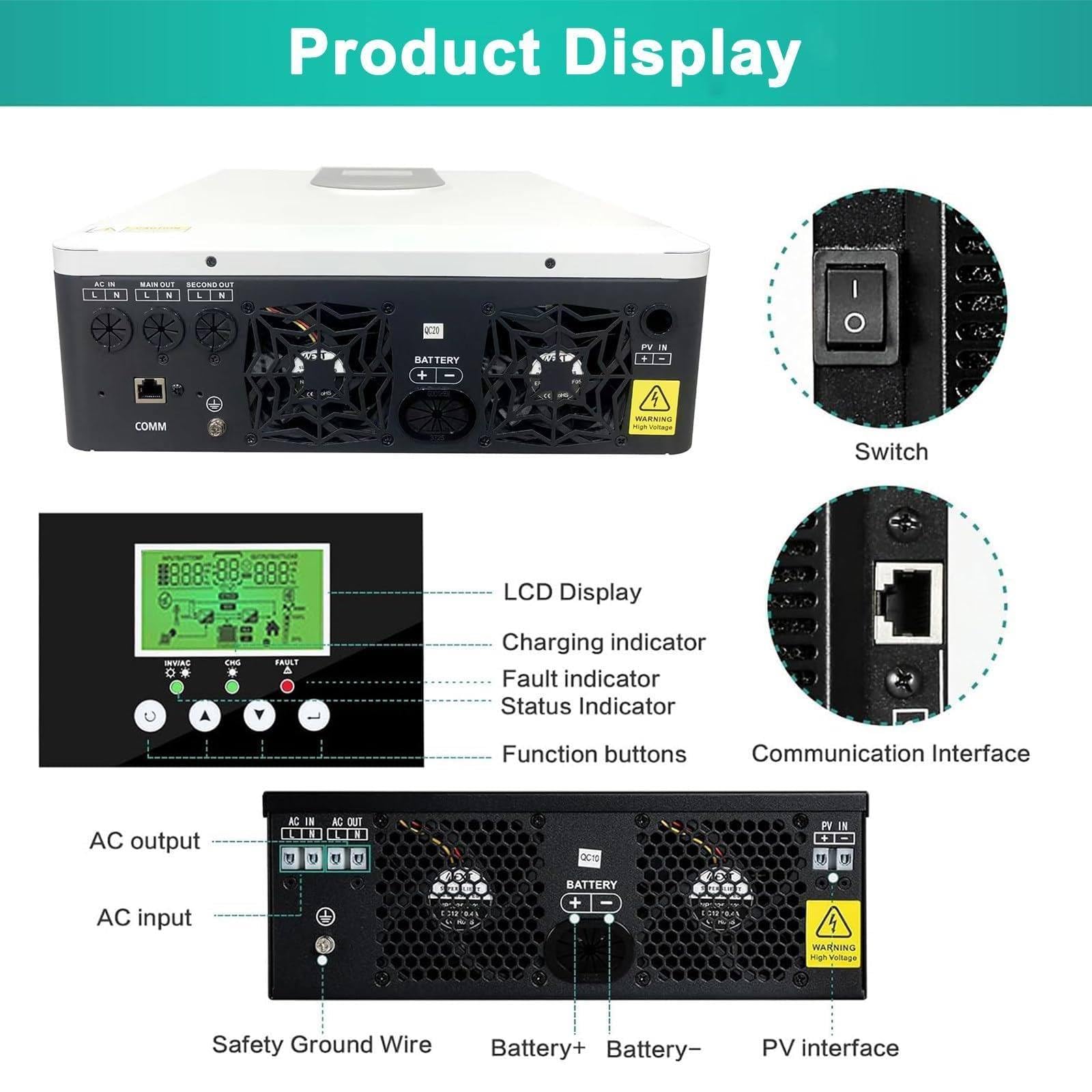 Inversor Solar HíBrido De 2 Kw/3,2 Kw, Inversor Onda Sinusoidal Pura Para El Hogar De 12 V/24 V A 220 V + Controlador De Carga Solar Mppt De 80 A, Cargador Inversor HíBrido Fuera La Red,3.2KW-24V