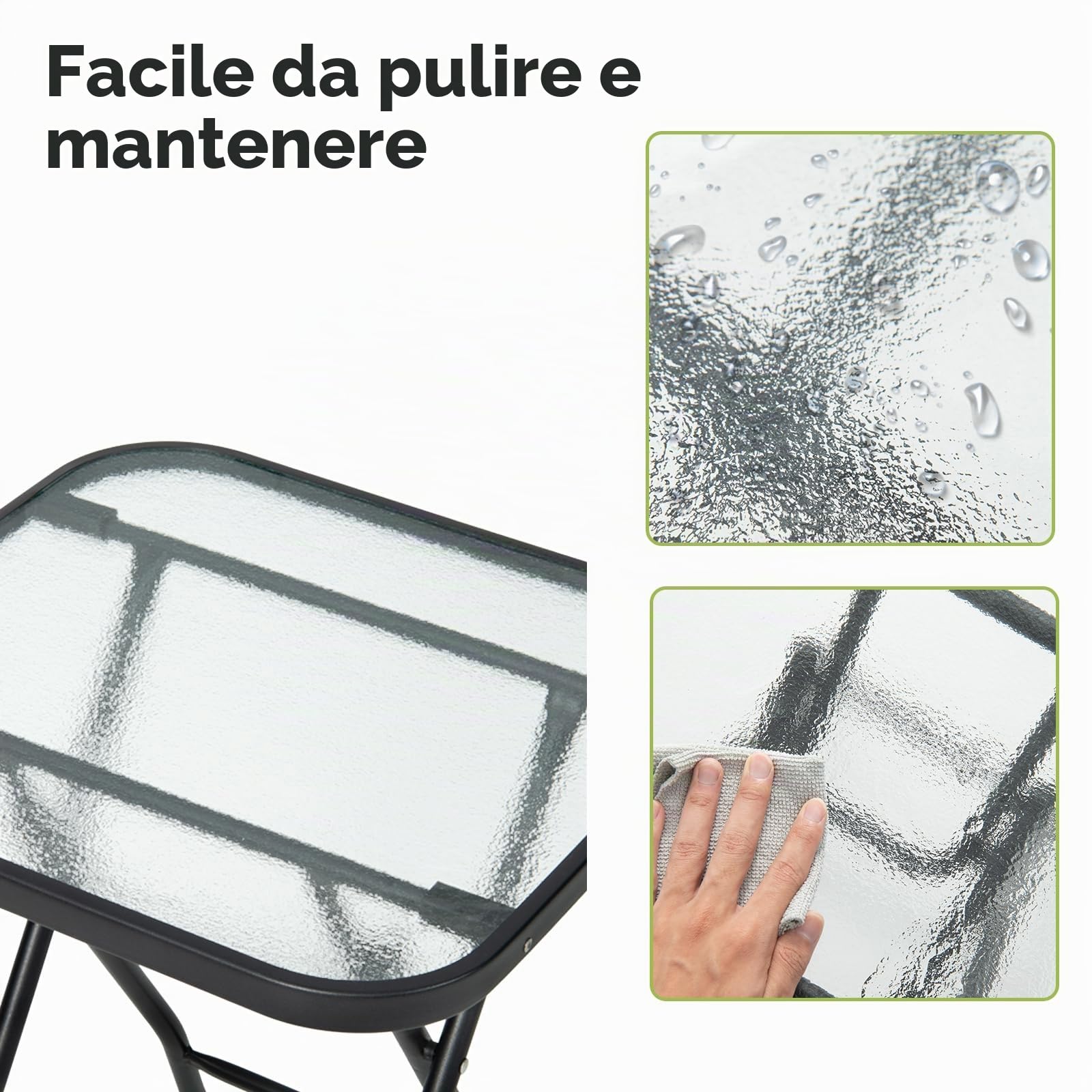KOMFOTTEU Tavolo da giardino pieghevole bistrot con piano in vetro e struttura in metallo, tavolo rotondo per balcone e terrazza (quadrato, 46,5 x 46,5 x 47,5 cm (lunghezza x larghezza x altezza)