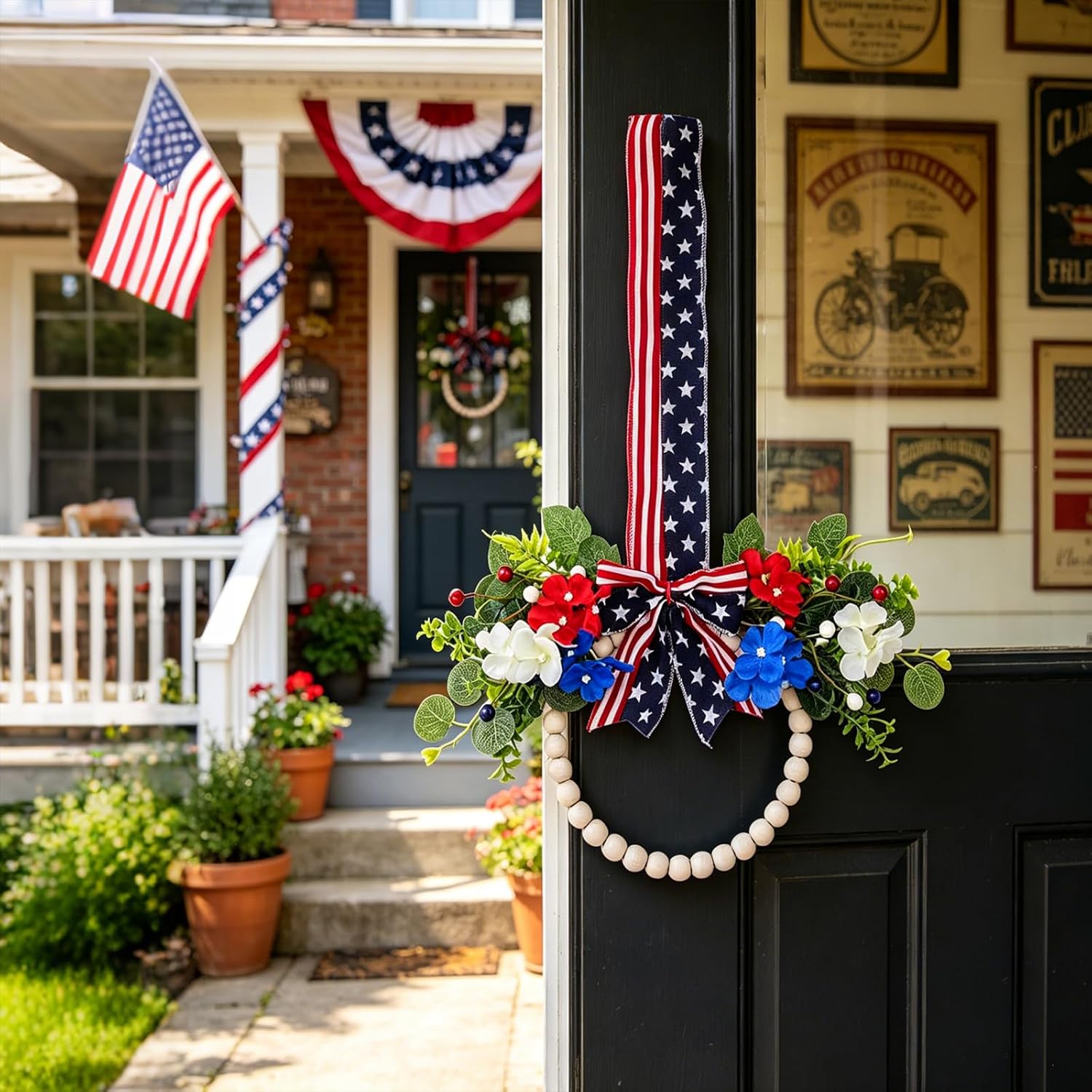 13.8In 2PCS Patriotic Wreaths for Front Door, Red White Blue Wooden Bead Wreath with Hydrangea & Eucalyptus, 4th of July Independence Day Decor with Patriotic Bow Ribbon for Home Porch