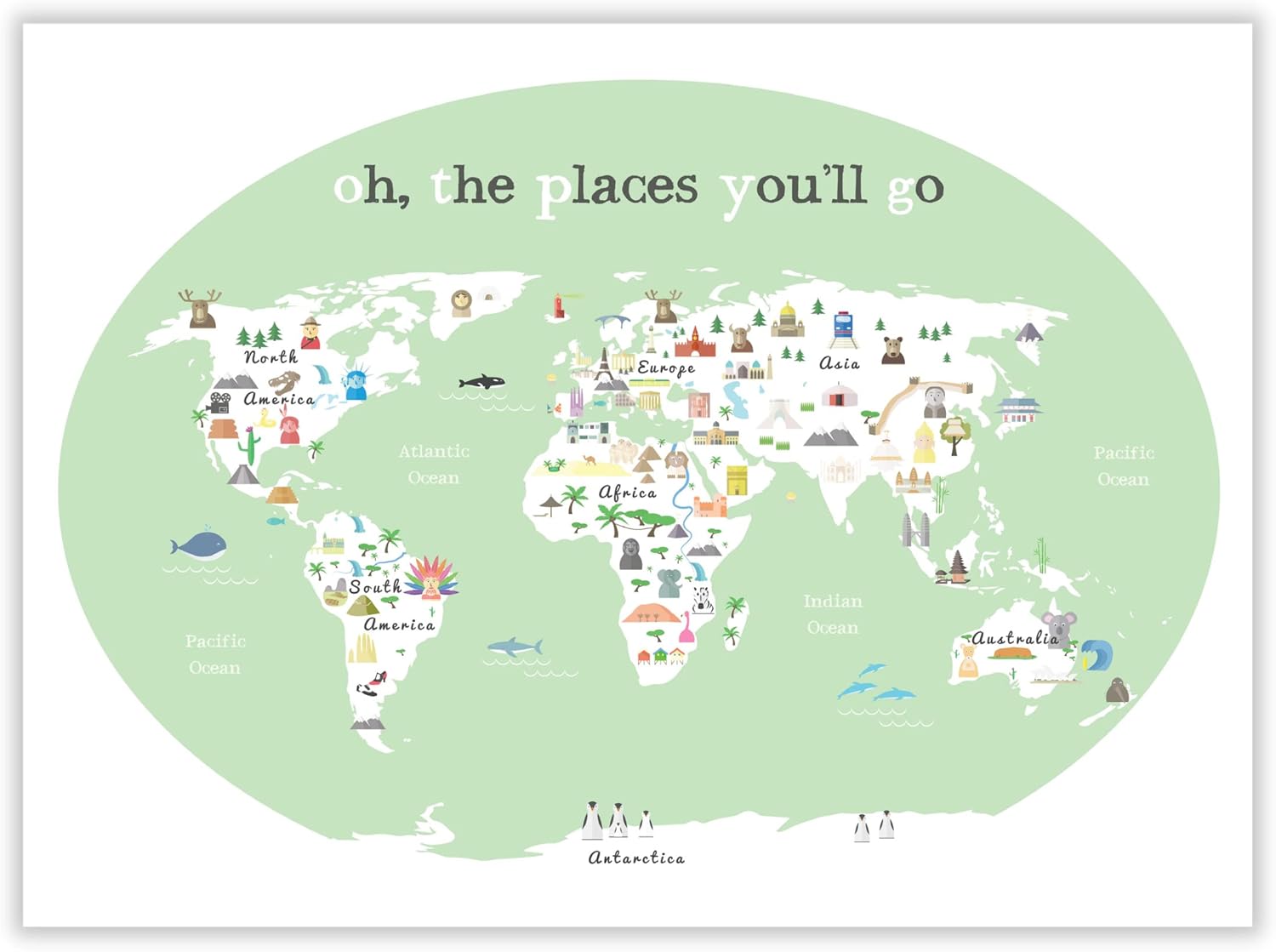 Oh The Places You'll Go Children's Illustrated World Map Poster (14 x