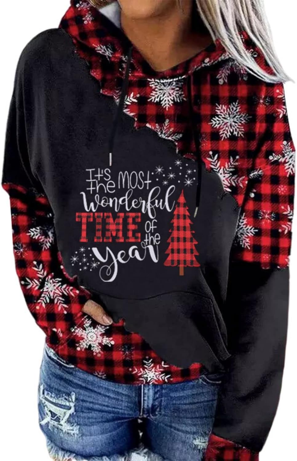 TAOHONG Merry Christmas Sweartshirt for Women Xmas Buffalo Plaid Tree Tops Color Block Snowflake Print Long Sleeve Shirt