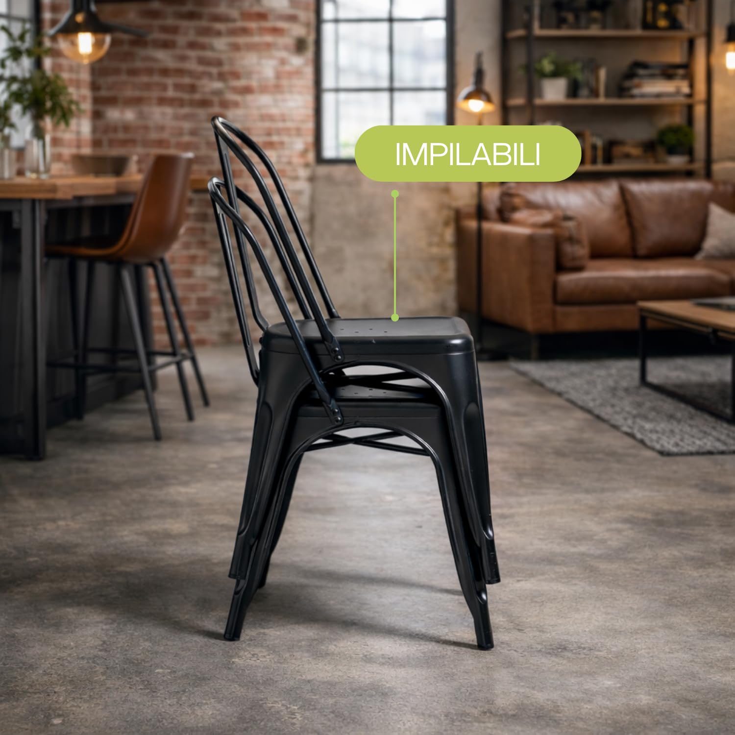 PALUPLUS Set 4 Sedie Industry in metallo di colore Nero, Misura 45x40x85 cm, Sedia da pranzo con Schienale, Impilabili e con Gommini Antiscivolo, per Esterno ed Interno, Portata Max 150 Kg -16 - F
