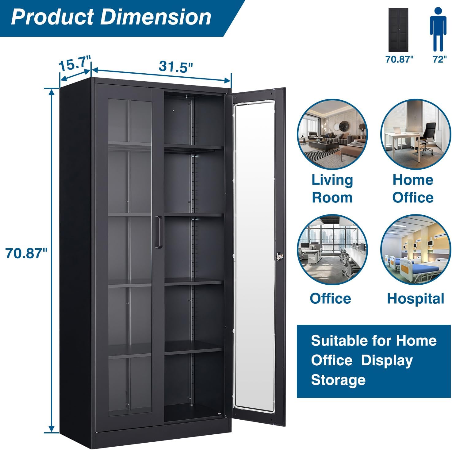 Display Cabinet with Glass Doors, 71 Inches Metal Curio Storage Cabinets with 4 Adjustable Shelves, Locking Glass Cabinet Display Case for Home, Office, Clinic, Pantry (Black)