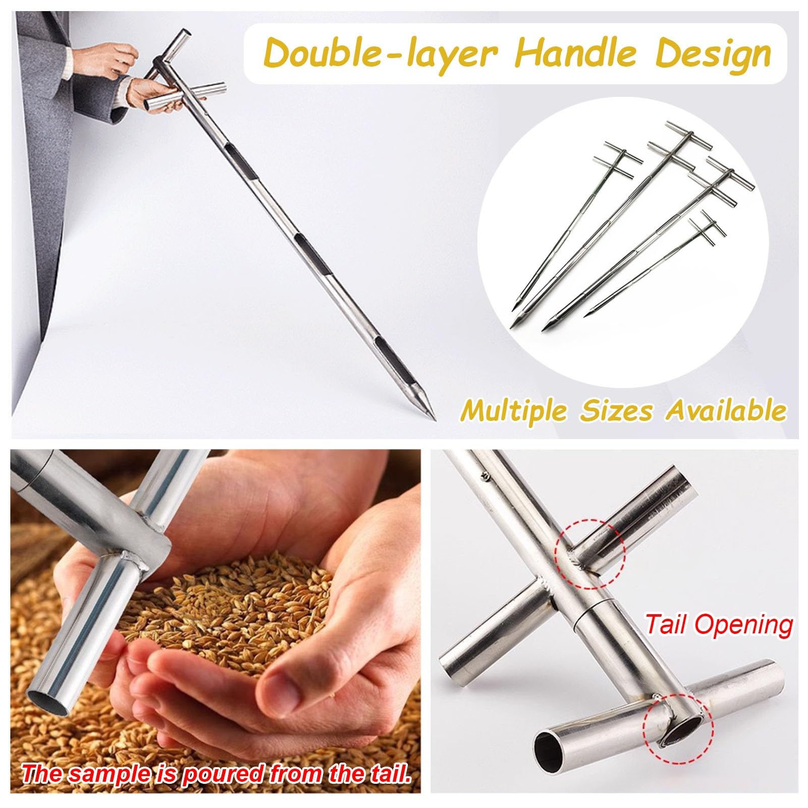 Sonda campionatore per Cereali, sonda campionatore Rotante a Doppio Tubo per Terreno e fertilizzanti, campionatore per Cereali in Metallo da 1,8 m con Perno di campionamento a 3 Zone, Ideale