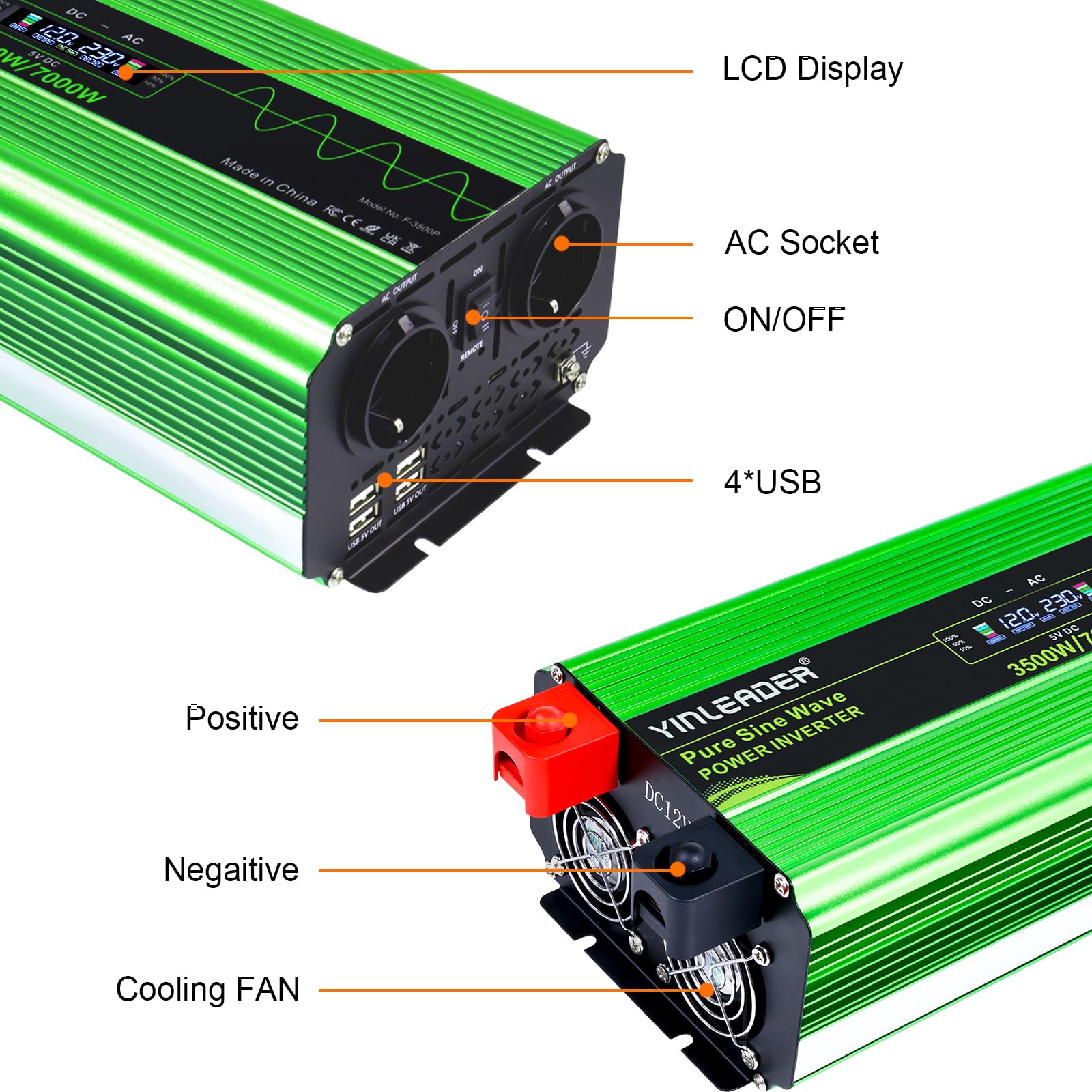Yinleader 3500W /7000W Spannungswandler 12V auf 230V Reiner Sinus, Wechselrichter mit Fernbedienung, 2 EU-Steckdosen, 4 USB und LCD, Heavy Duty Inverter für Wohnmobil, LKW & Solar