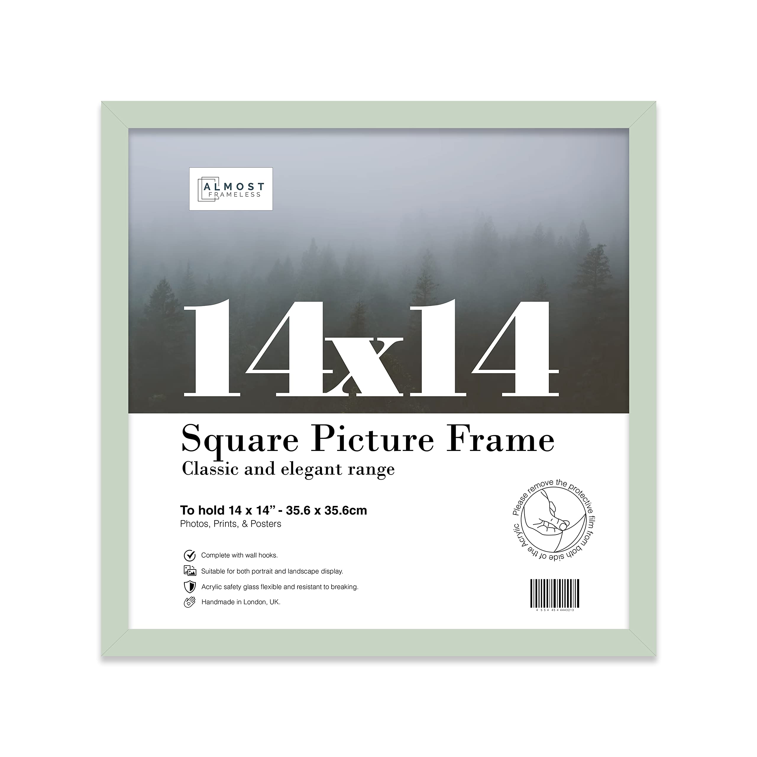 Almost Frameless 14x14 Mint Green Picture Frame 14"x14"(35.6x35.6cm) Poster, Photo, Artwork, or Print. Thin Edge Slim Frame Portrait and Landscape Display with Wall Hooks