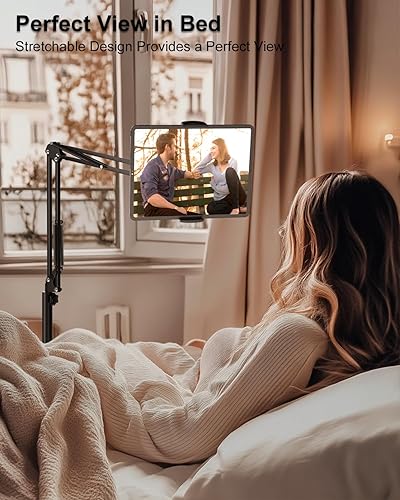 Miniatura 2 de Soporte de suelo para tablet con base estable de 11 libras y abrazadera de escritorio, brazo giratorio de altura ajustable, compatible con iPhone,