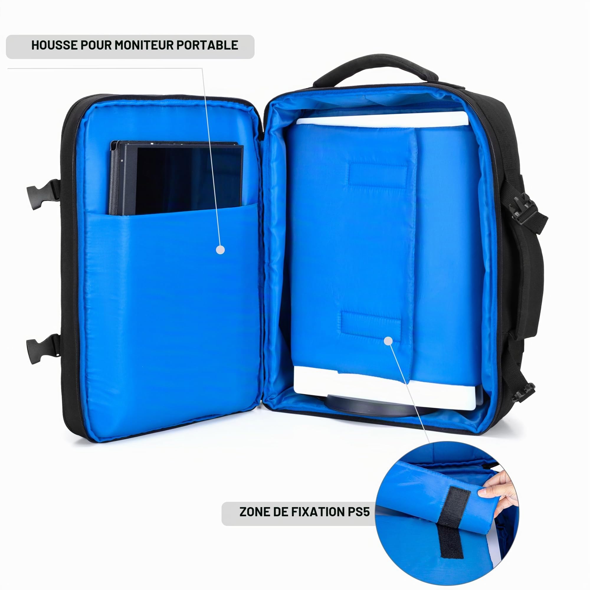 PGmoon Sac à Dos Compatible avec Console PS5/PS4 pour Voyage, Soirée | Grande Cloison Rembourrée Réglable, Plusieurs Poches pour Manette, Laptop 15,6", Disques de Jeu, Conception Brevetée
