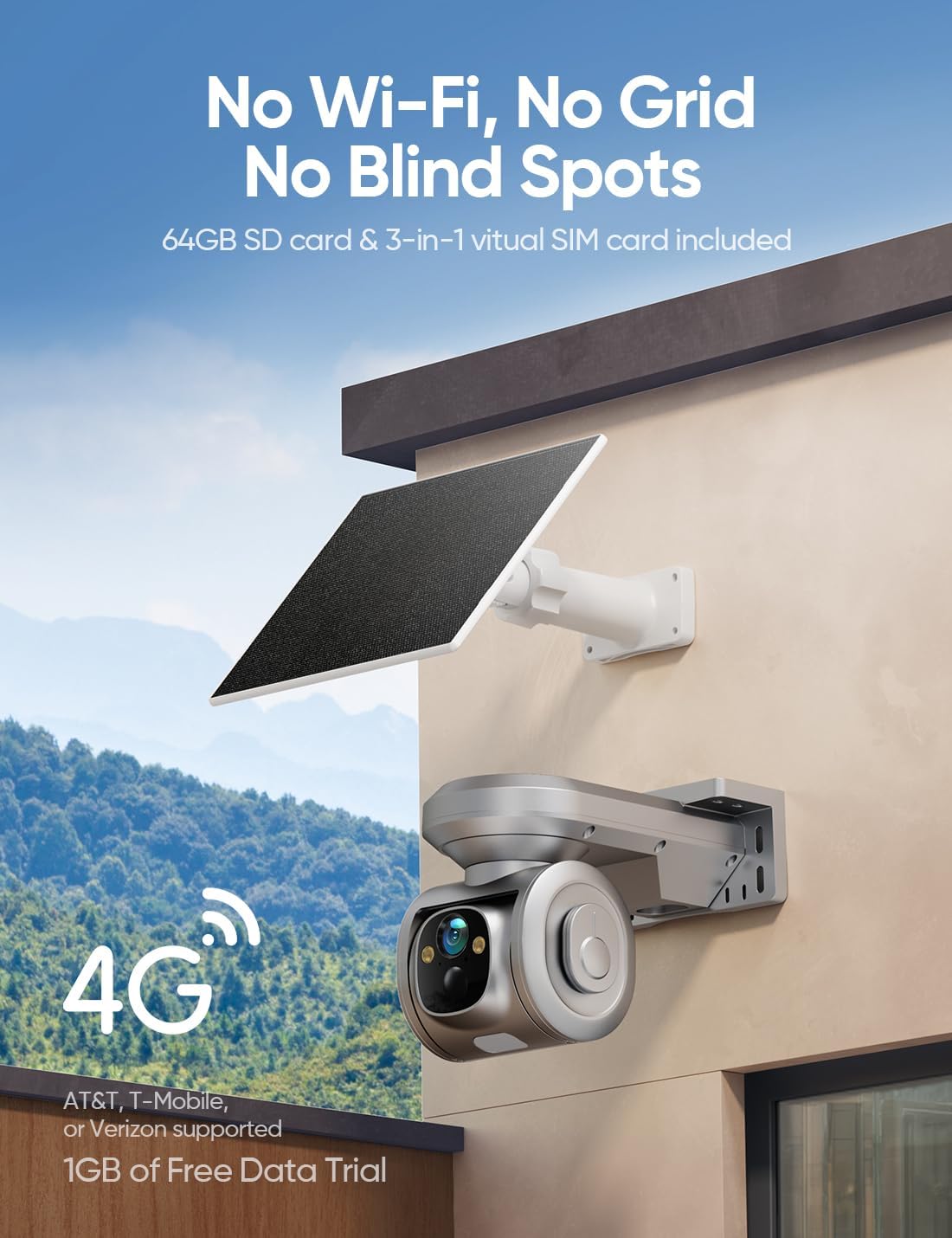 4G LTE Cellular Security Camera Solar-Powered Wireless Outdoor, 24/7 Recording No WiFi Needed, 2.5K 4MP Color Night Vision, 360° Pan & Tilt Live View, Includes SIM Card & 64GB eMMC