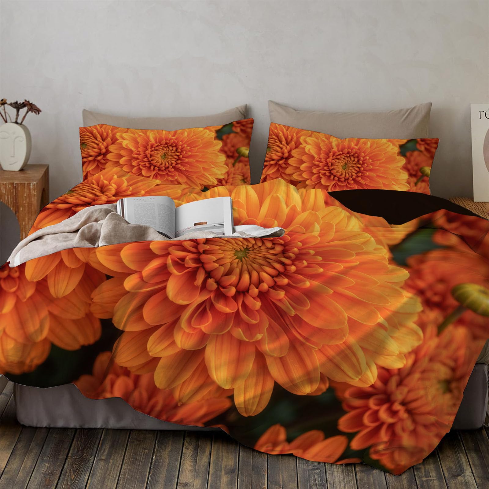 Housse de Couette 220x240cm Fleur Orange - Linge de Lit 3 Pièces Microfibre