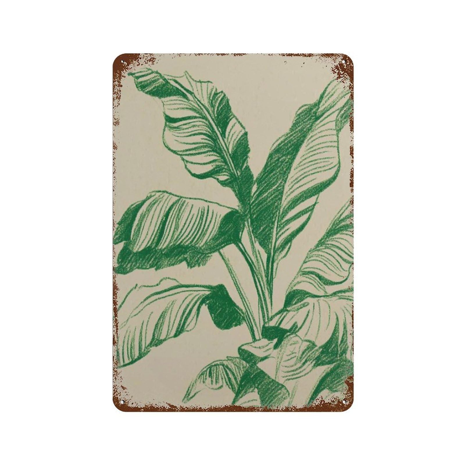xiaoxiaoshen Banana Leaf Tropical Botanical Minimal Green Line Modern Plant Jungle Work Wall Decor Art Metal Tin Poster Modern Home Decor Art Home Bar Shop Decorations Vintage Sign 30x20cm