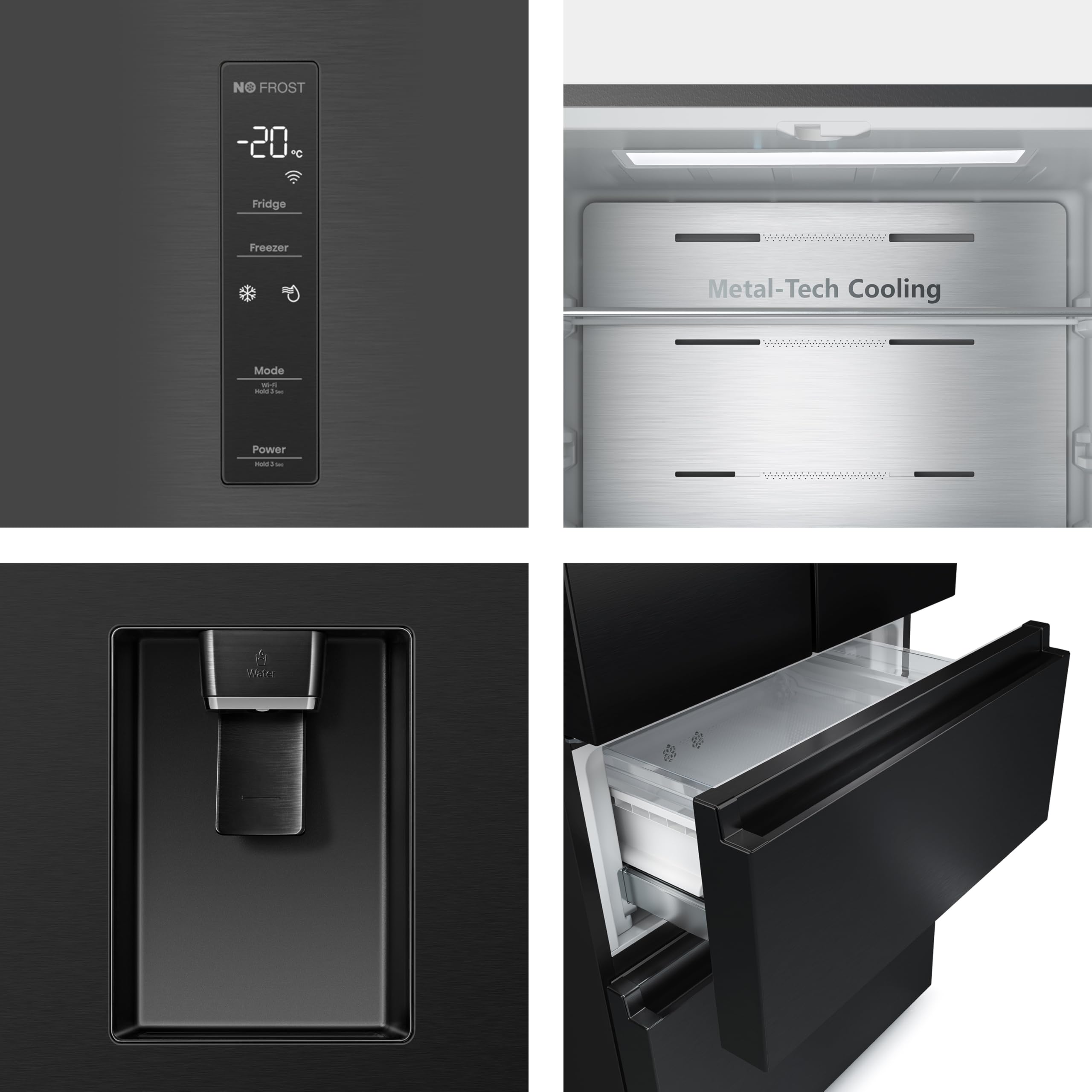 Hisense RF632N4WFE1 Frigorifero French Door, 485 Litri, Ridotta Profondità 70 Cm, Black, Metal cooling, Total No Frost, Classe Energetica E