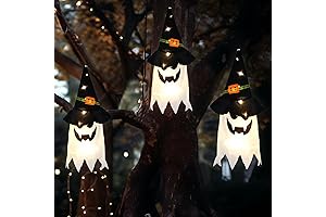 3 Pieces Halloween Hanging Lighted Glowing Ghost with Witch Hat Decorations