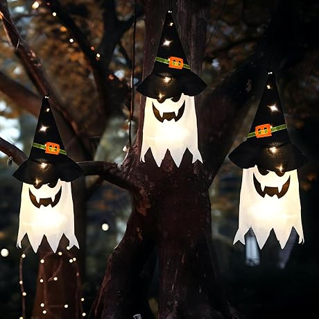 3 Pieces Halloween Hanging Lighted Glowing Ghost with Witch Hat Decorations
