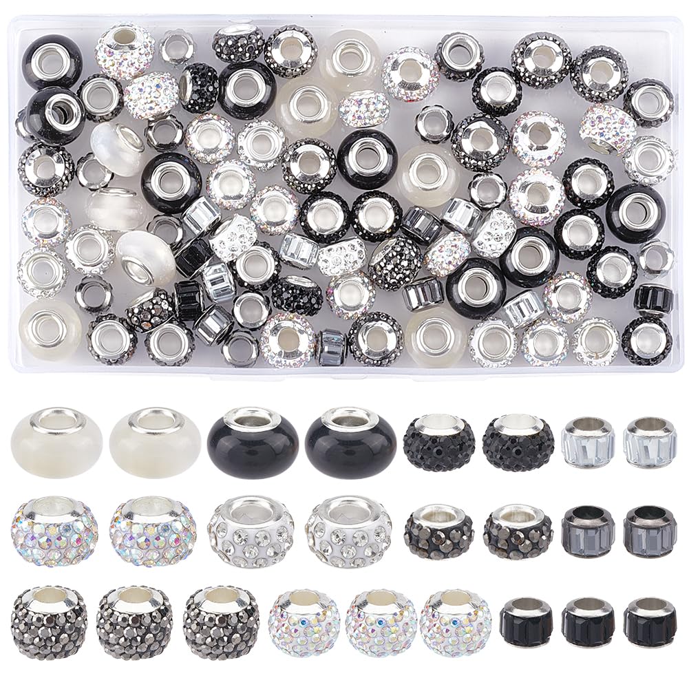 SUNNYCLUE 1 Box 110Pcs 11 Styles Black White Large Hole Glass Beads European Bead Bulk Metal Brass Core Rhinestone Resin Rondelle Loose Spacer Beads for Jewellery Making Bracelet DIY Crafts Supplies