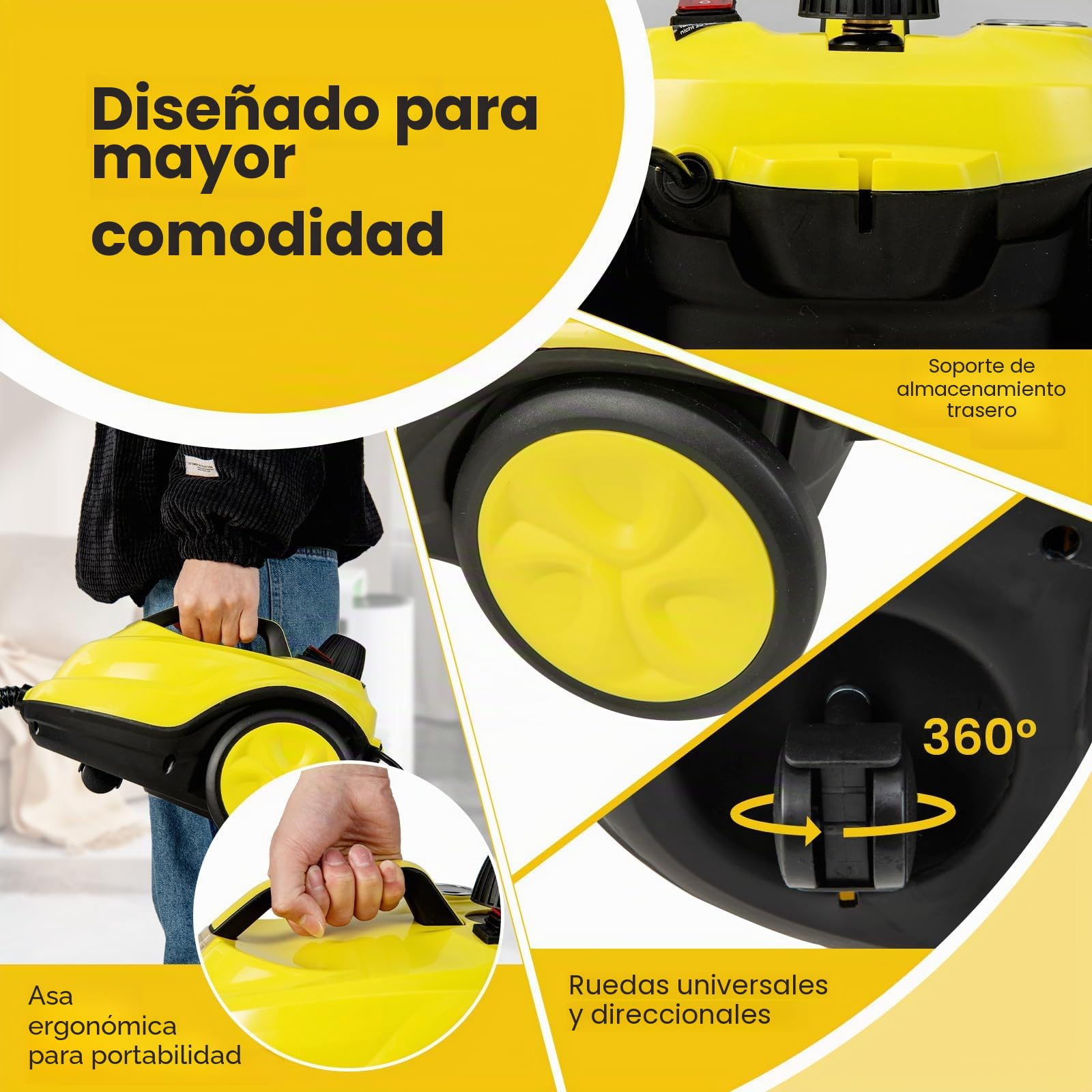 RELAX4LIFE Limpiador de vapor de alta presión 2000 W | 1,8 L Tanque de agua | 5 Bar |13 Accesorios versátiles, Limpiador de vapor para sofá, alfombra, cristal, cristal(amarillo | más+)