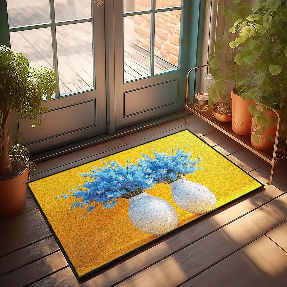 Tapis de cuisine grand paillasson d'extérieur fleurs bleues pour déco automne