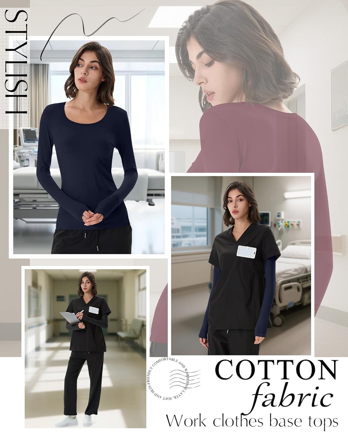 Neer 3 Pack Women's Long Sleeve Underscrub Shirts Scoop Neck Soft Scrub Undershirts for Nurse Basic Stretchy Layering Tops - Image 4
