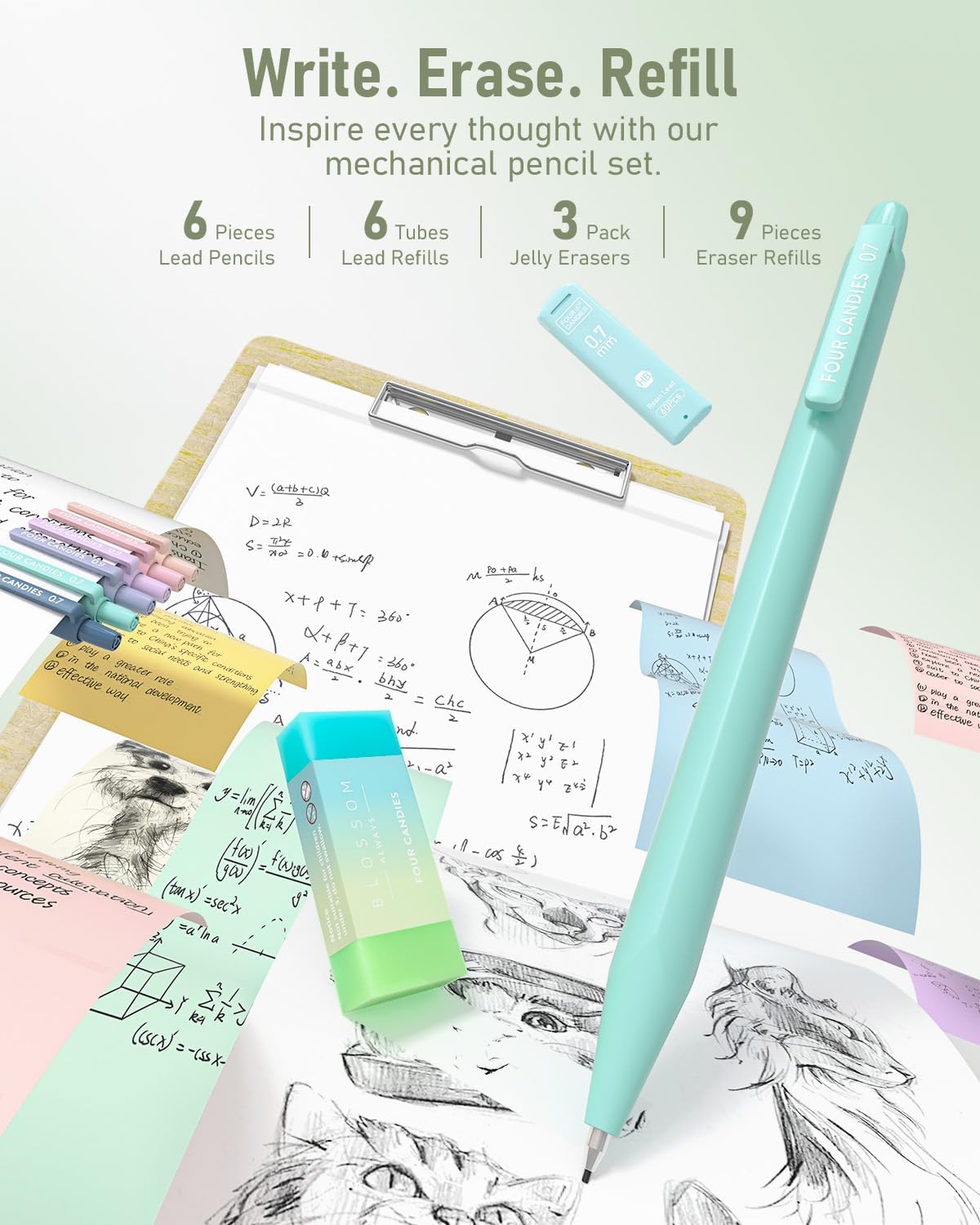 Four Candies 39 PCS Aesthetic School Supplies with Cute Pen Case, 12 Pastel Highlighters, 5 Black Ink Gel Pens, 6 Mechanical Pencils Set for Students Stationary College Essentials (Green) - Image 5