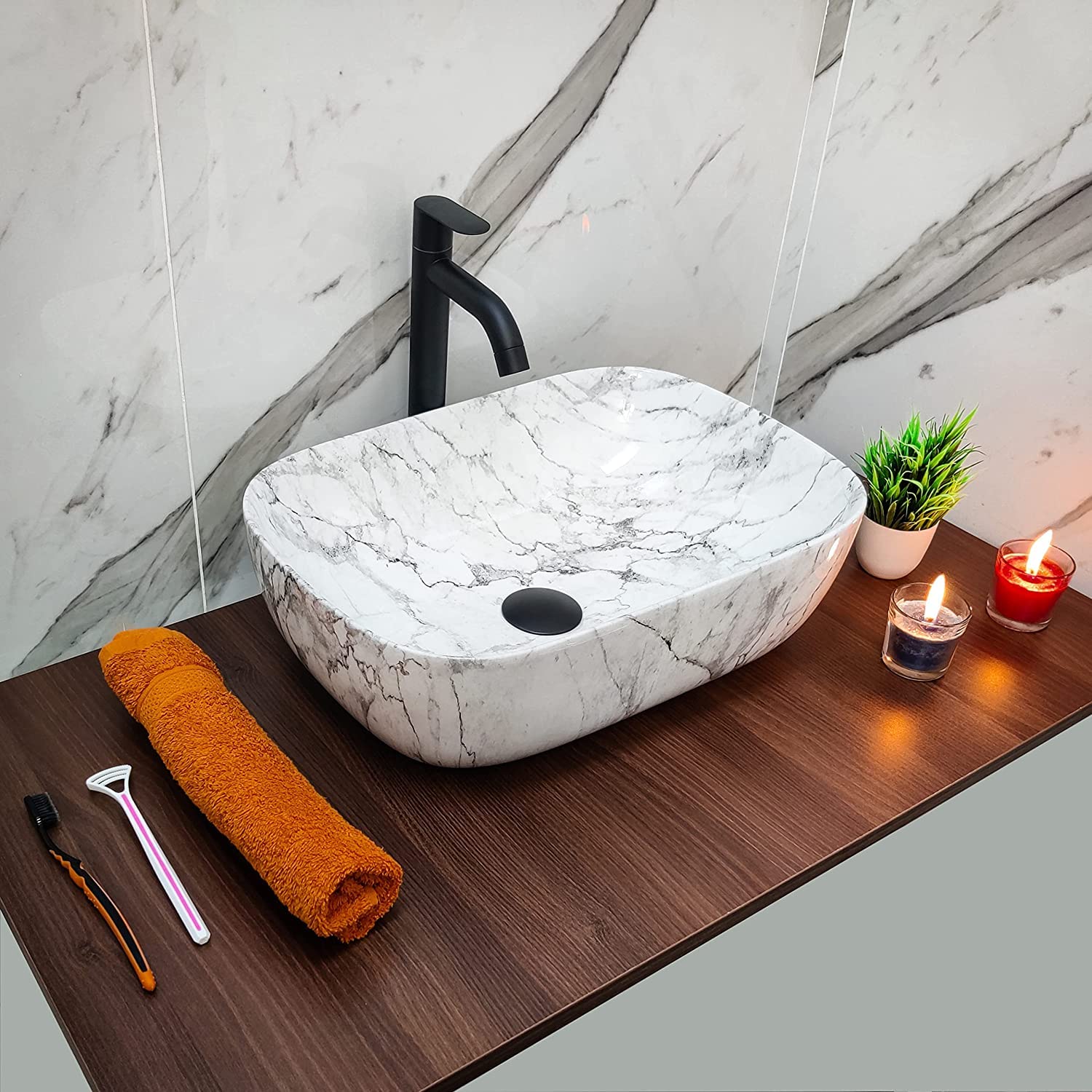 BheruArt Wash Basin Counter top, Tabletop Ceramic Bathroom Sink/Basin (45 x 32 x 15 CM) Glossy Marble Finish (DSN-101) (B09YMDDJM6) Amazon Price History, Amazon Price Tracker
