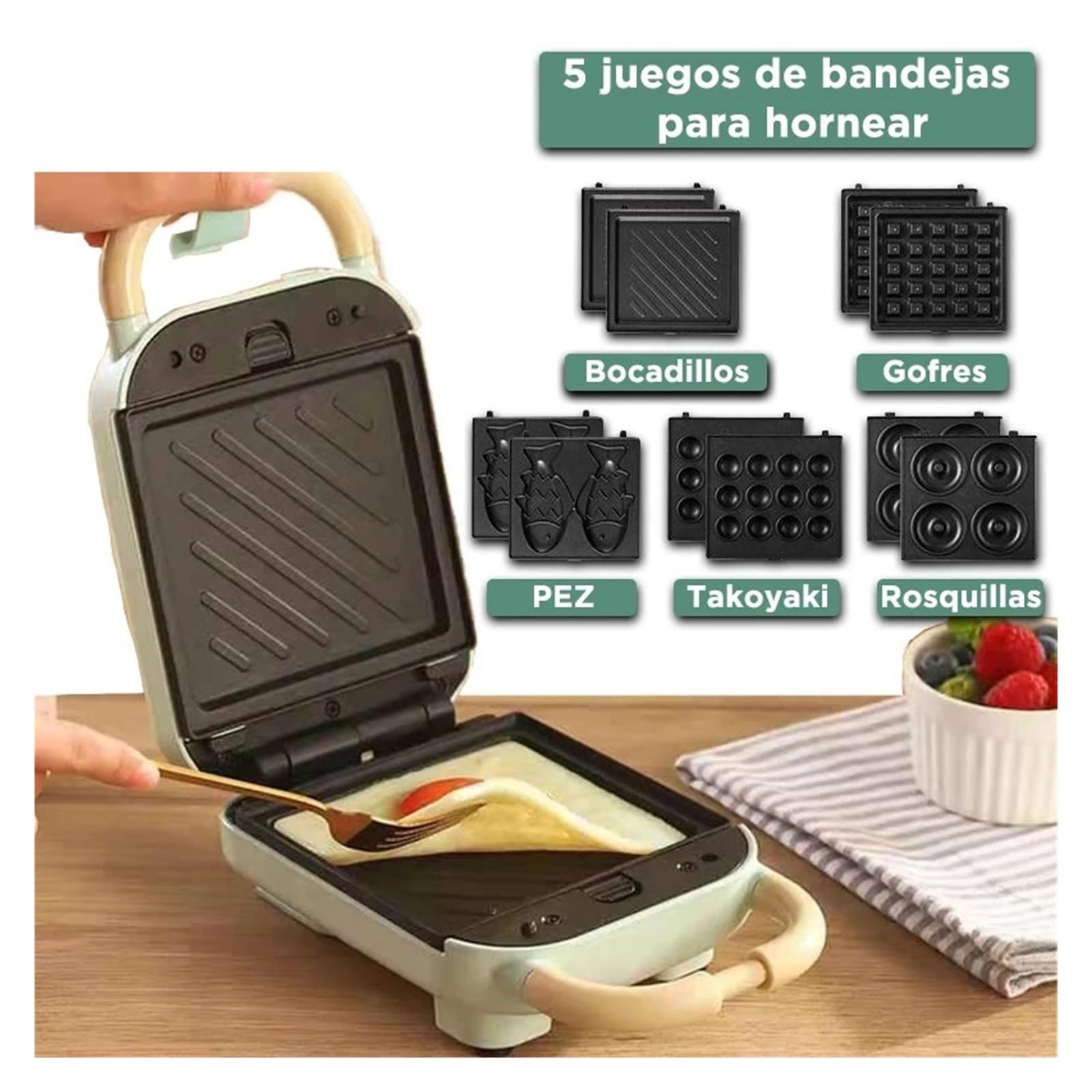Sandwichera 3 In 1 Tostadora Elettrica Waffle Maker Desayuno Pancake Ciambella Uovo Pesce Torta Horno Eléctrico Riscaldamento Rapido E Uniforme(White,2)