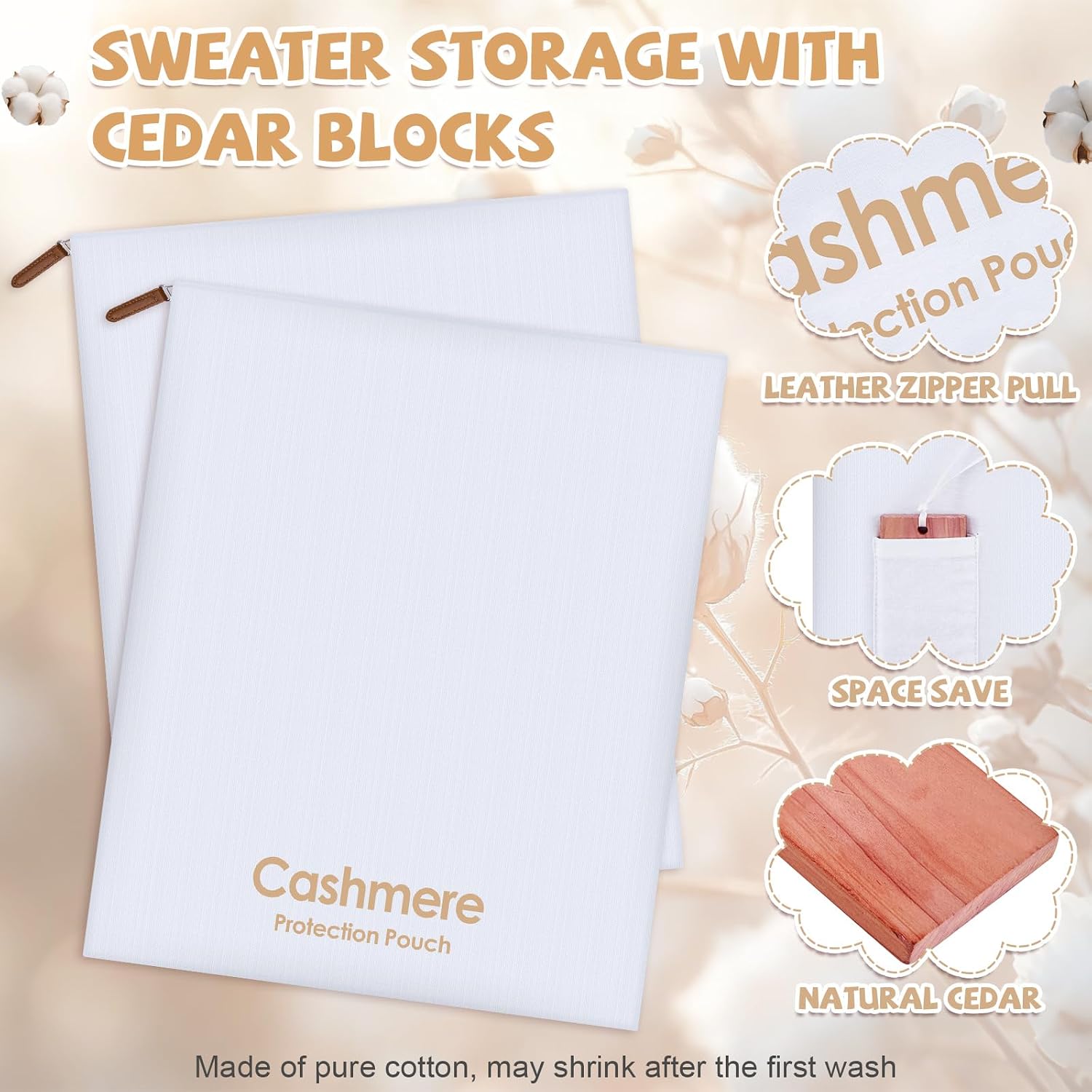 2 Pack Cashmere Storage Bags with 2 Cedar Blocks, Cotton Sweater Garment Storage Pouches with Natural Cedar for Odor Control, Closet Drawer Seasonal Clothing Organizer,17 x 13.5 Inch
