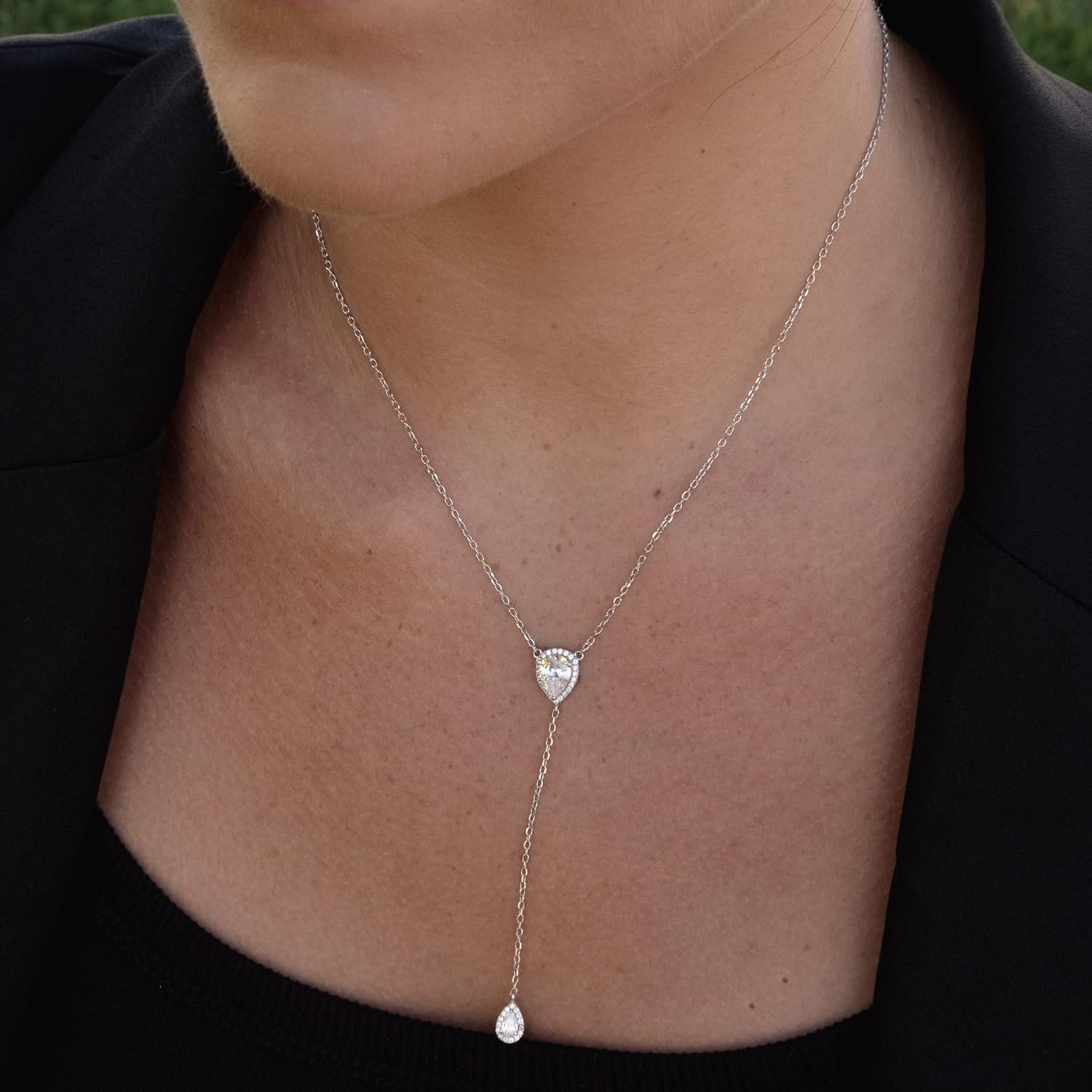 espere CZ Pear Drop Lariat Necklace 16" with 2.75" Y Drop Adjustable, 3 Colors Available