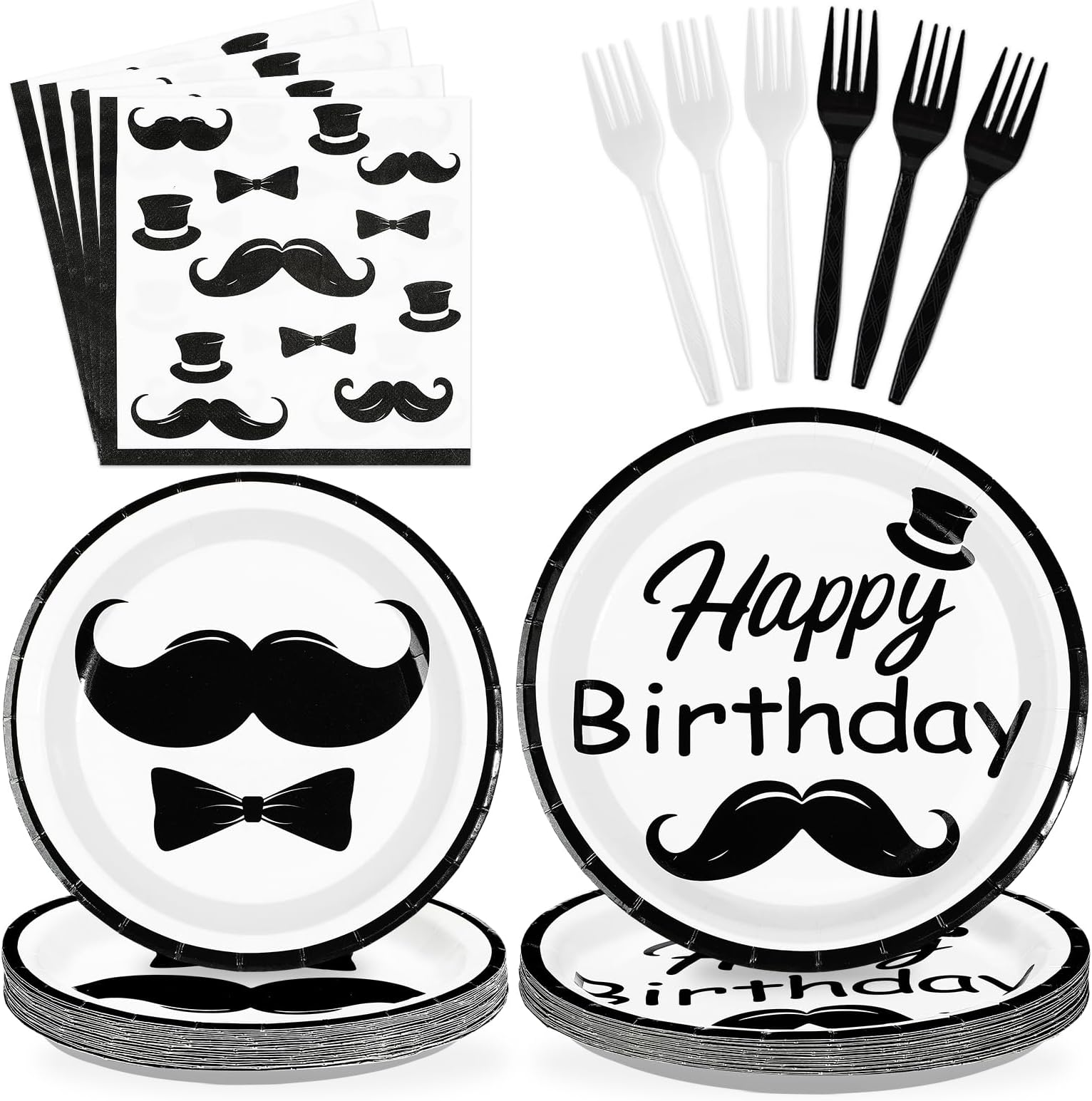 96Pcs Mustache Party Supplies Happy Birthday Plates and Napkins Fake Mustache Hat Bowtie Tableware Set for Little Man Themed Birthday Decorations Fathers Day Baby Shower Supplies Serves 24