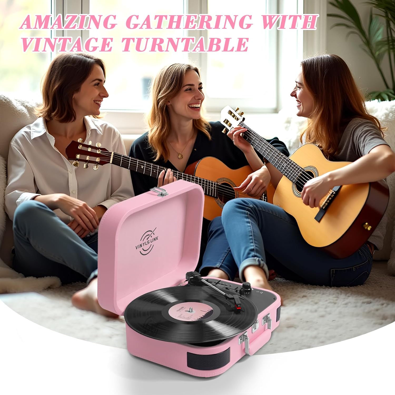Vinyl Record Player 3 Speed ​​Bluetooth Turntable Belt Drive LP Play Portable Suitcase Record Player Built-in Speaker with EQ Mode USB Recording RCA Output/AUX Input Headphone Jack Pink