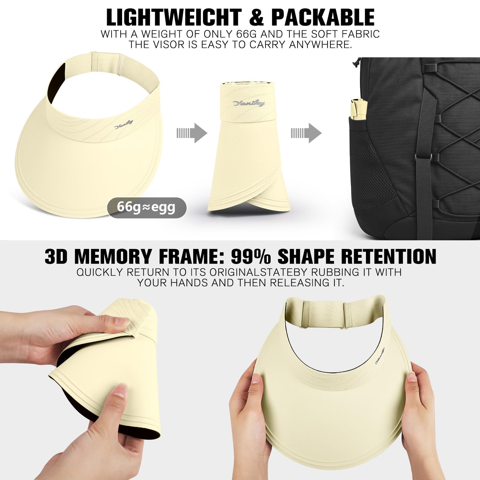 YANIKY Visière de soleil pour femme à large bord pour l'été, UPF50+, protection UV, chapeau de soleil sans couture, casquette de plage pliable