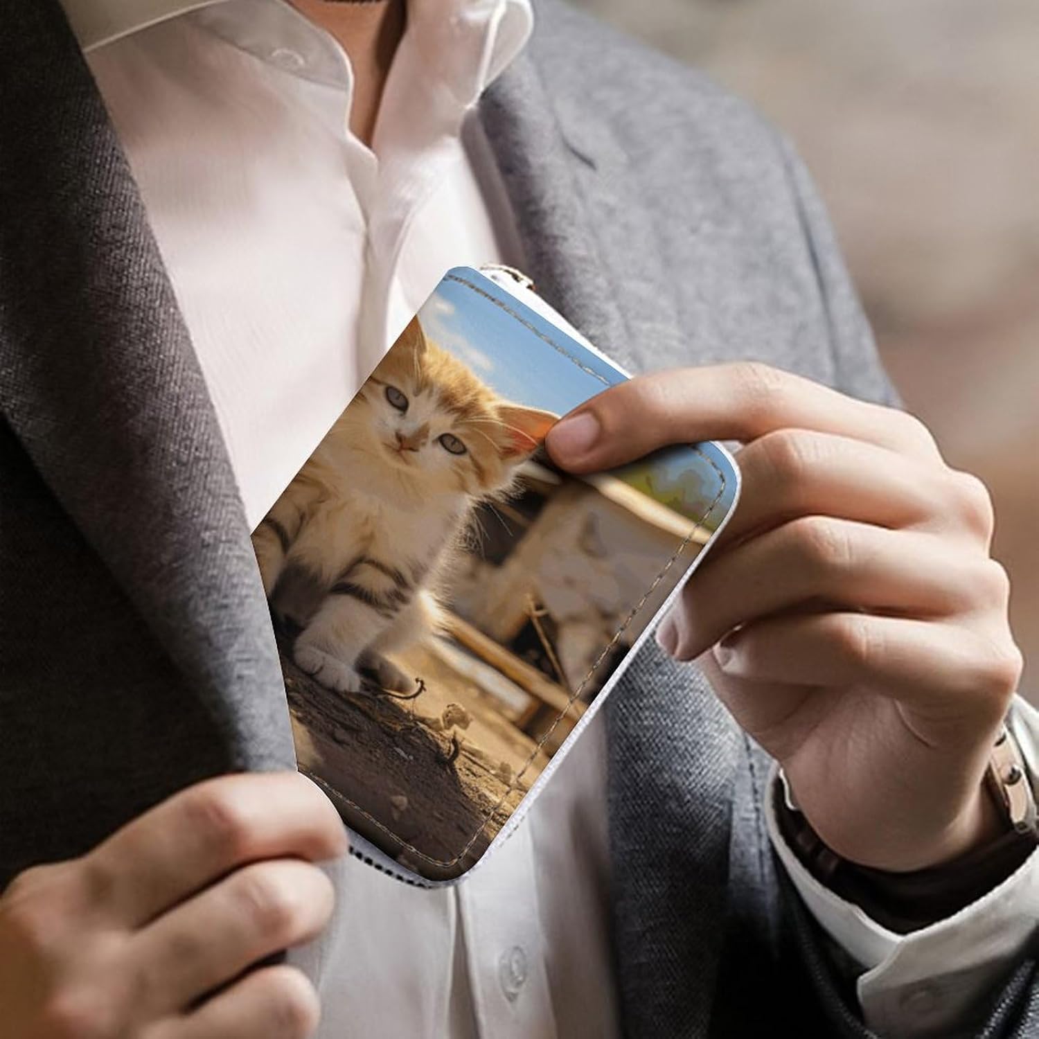 Leather Card Organizer Case Card Wallet Credit Card Holder Two Little Cats Printed Zipper Card Cases Holder for Women Men