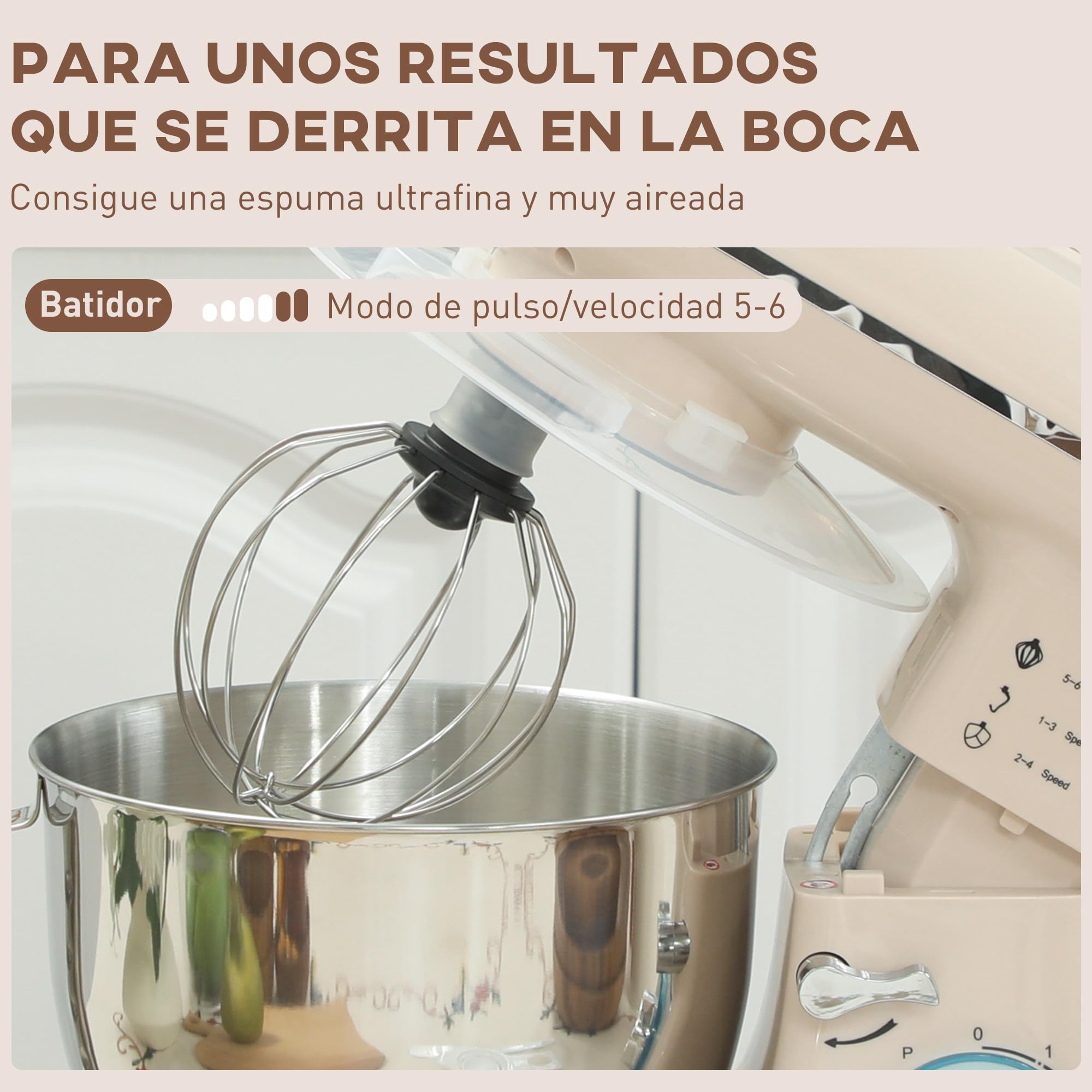 HOMCOM Batidora Amasadora 4,5L, Amasadora de Pan 1300W, Amasadora Repostería, 6 Velocidades, Bol de Acero Inoxidable, Batidor, Gancho, Varilla, Protector contra Salpicaduras, Beige