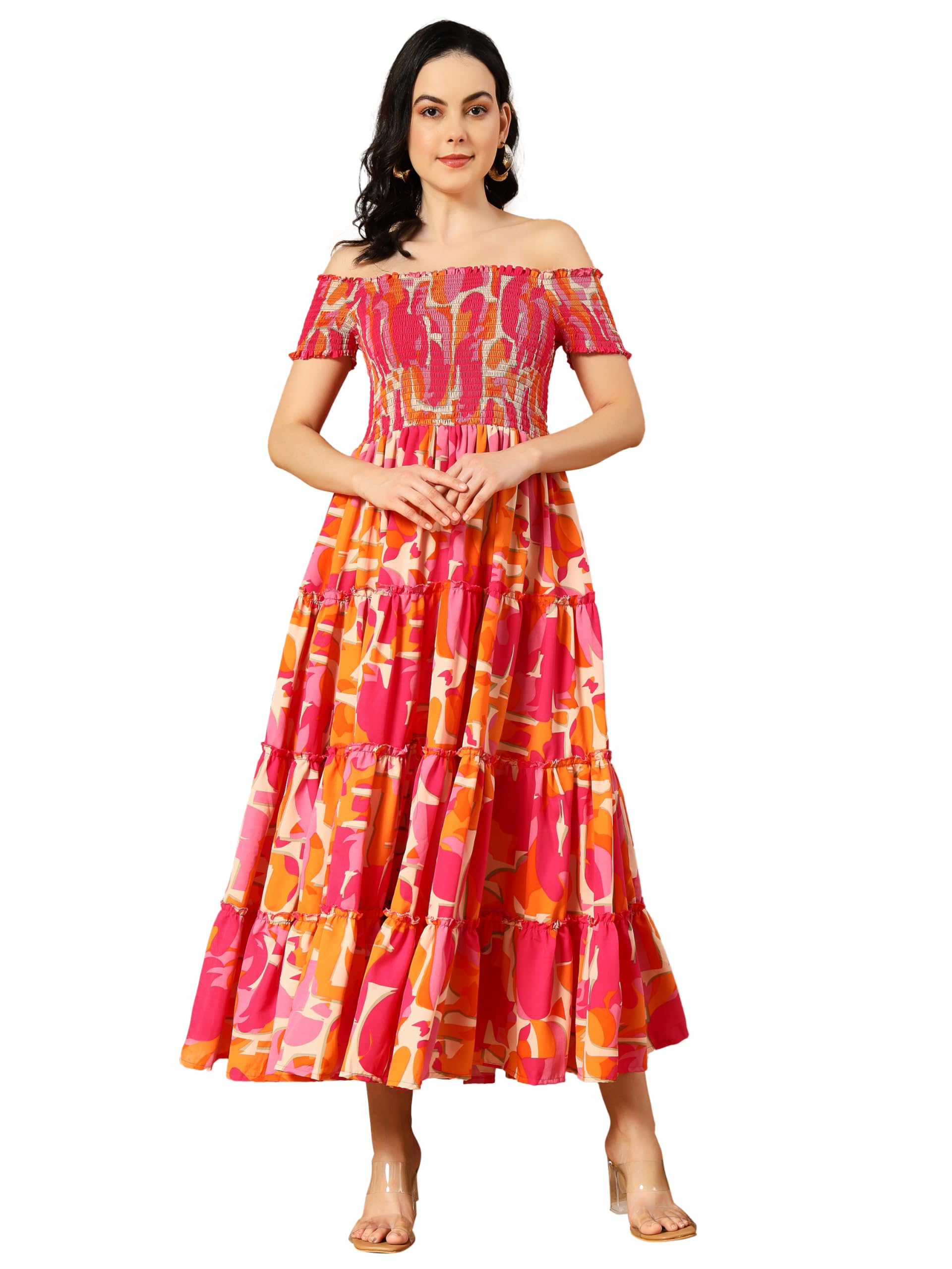 Kzully Women's Crepe Smocked Midi Dress (7001-Orange-Pink-L-Print_Orange