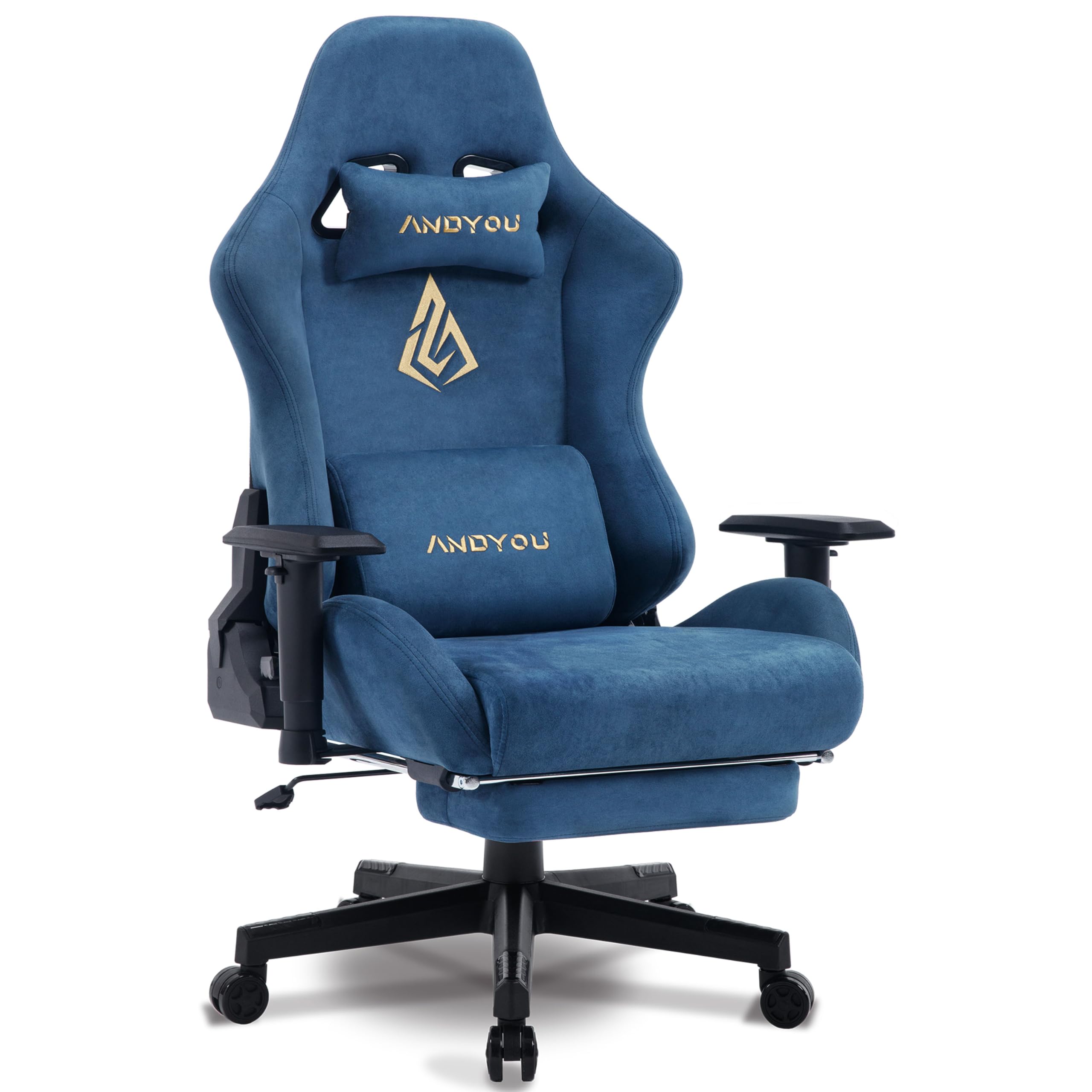 Andyou Silla Gaming, Silla para Videojuegos, Ergonómica Silla de Oficina con Reposapiés, Silla de PC Transpirable con Cojín Lumbar Ajustable, Almohada y Reposabrazos, soporta hasta 150 kg, Azul